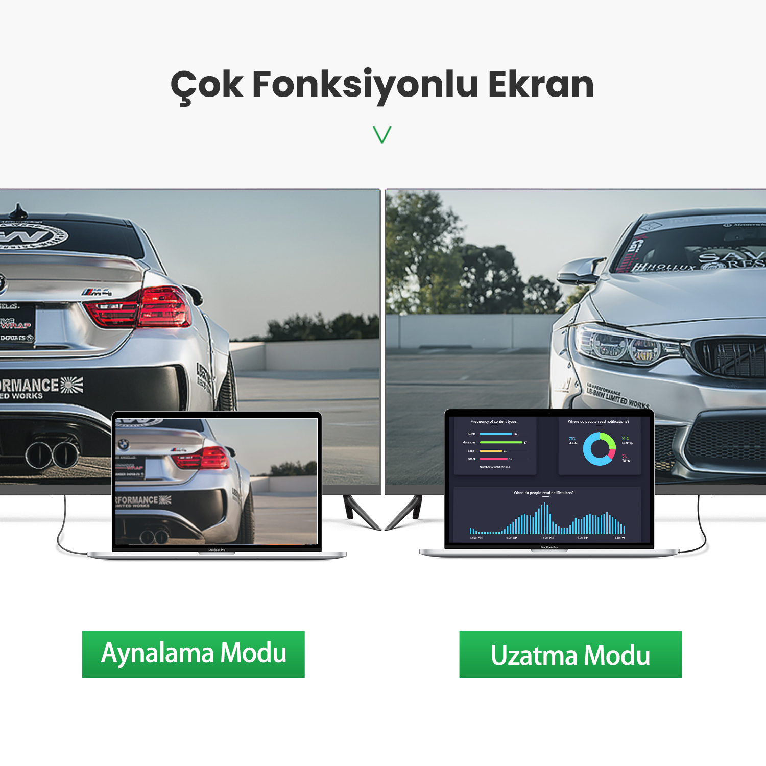 İki dizüstü bilgisayar, biri ekranı yansıtan, diğeri ise veri görselleştirmeleriyle genişleten araba görüntüleri gösteriyor. Arka planda arabalar.