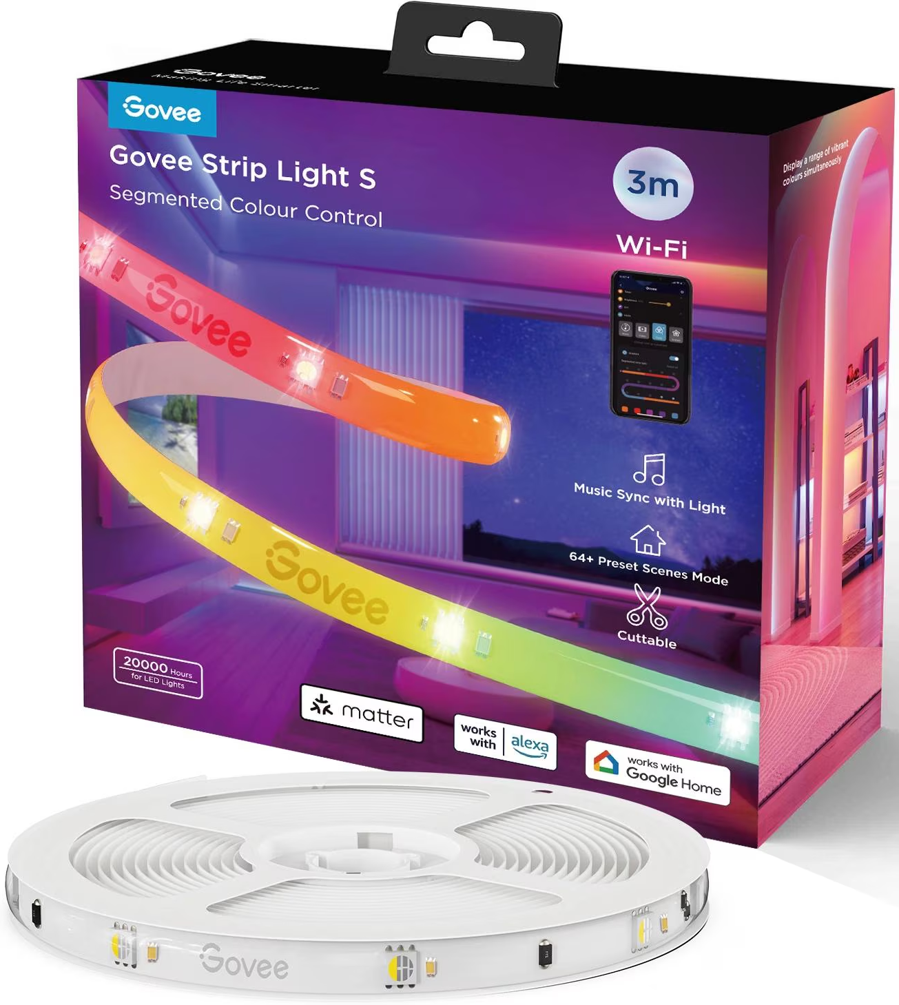 Scatola Govee Strip Light con Wi-Fi, 3m e compatibilità Alexa. Un rotolo di luci è in primo piano.