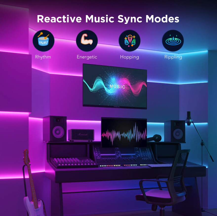 Studio musicale con console di missaggio, altoparlanti e chitarra. Sono visualizzate luci luminose e modalità di sincronizzazione musicale.