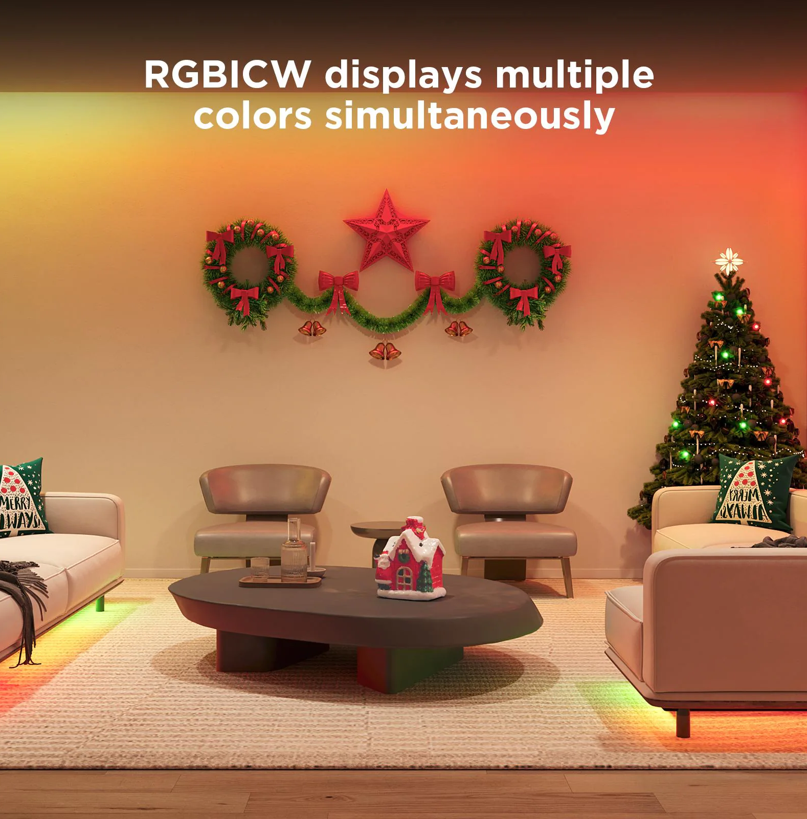 Soggiorno con decorazioni natalizie, tra cui un albero e ghirlande, con luci a LED colorate.