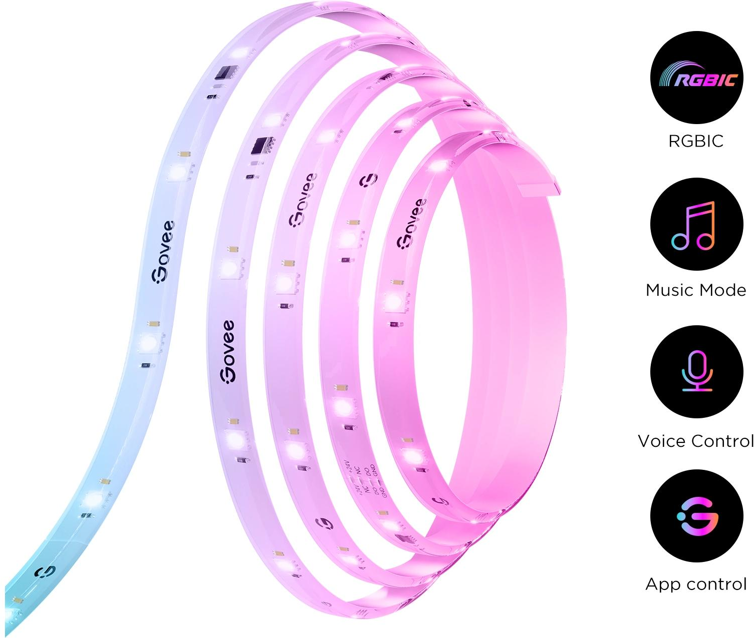 Strisce luminose a LED arrotolate, che cambiano colore da blu a rosa, con icone per RGBIC, modalità musica, controllo vocale e controllo app.
