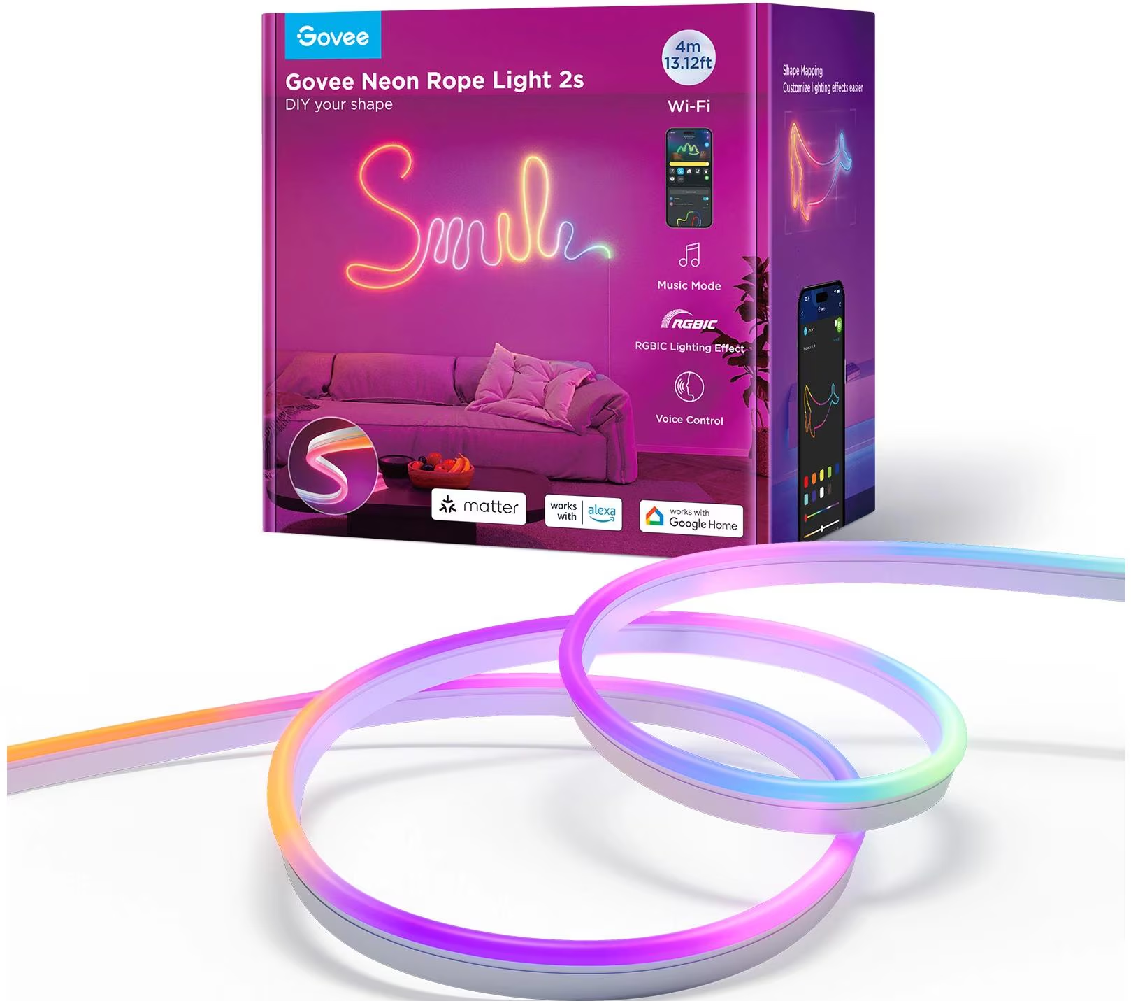 Una scatola Govee Neon Rope Light, che mostra un 'Smile' al neon su un muro e il prodotto stesso. La luce è multicolore.