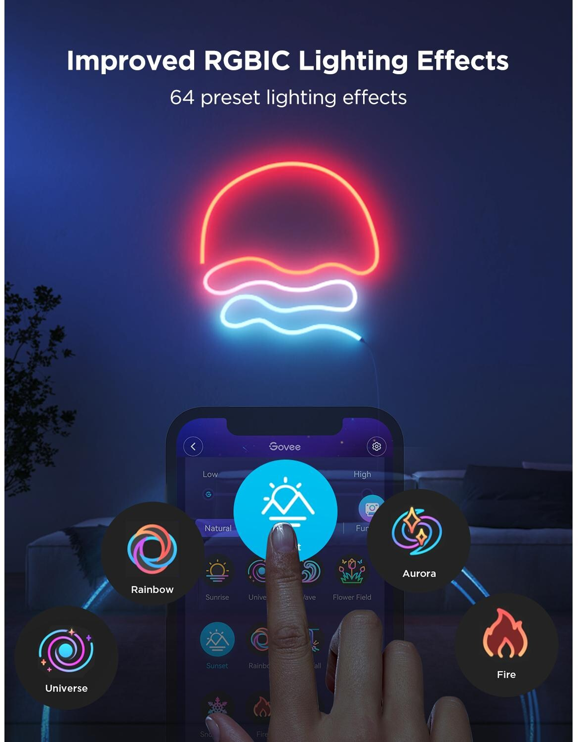 Lo schermo del telefono mostra le opzioni di illuminazione. Una mano tocca l'icona della luce naturale. Sopra, luci al neon rosse e blu.