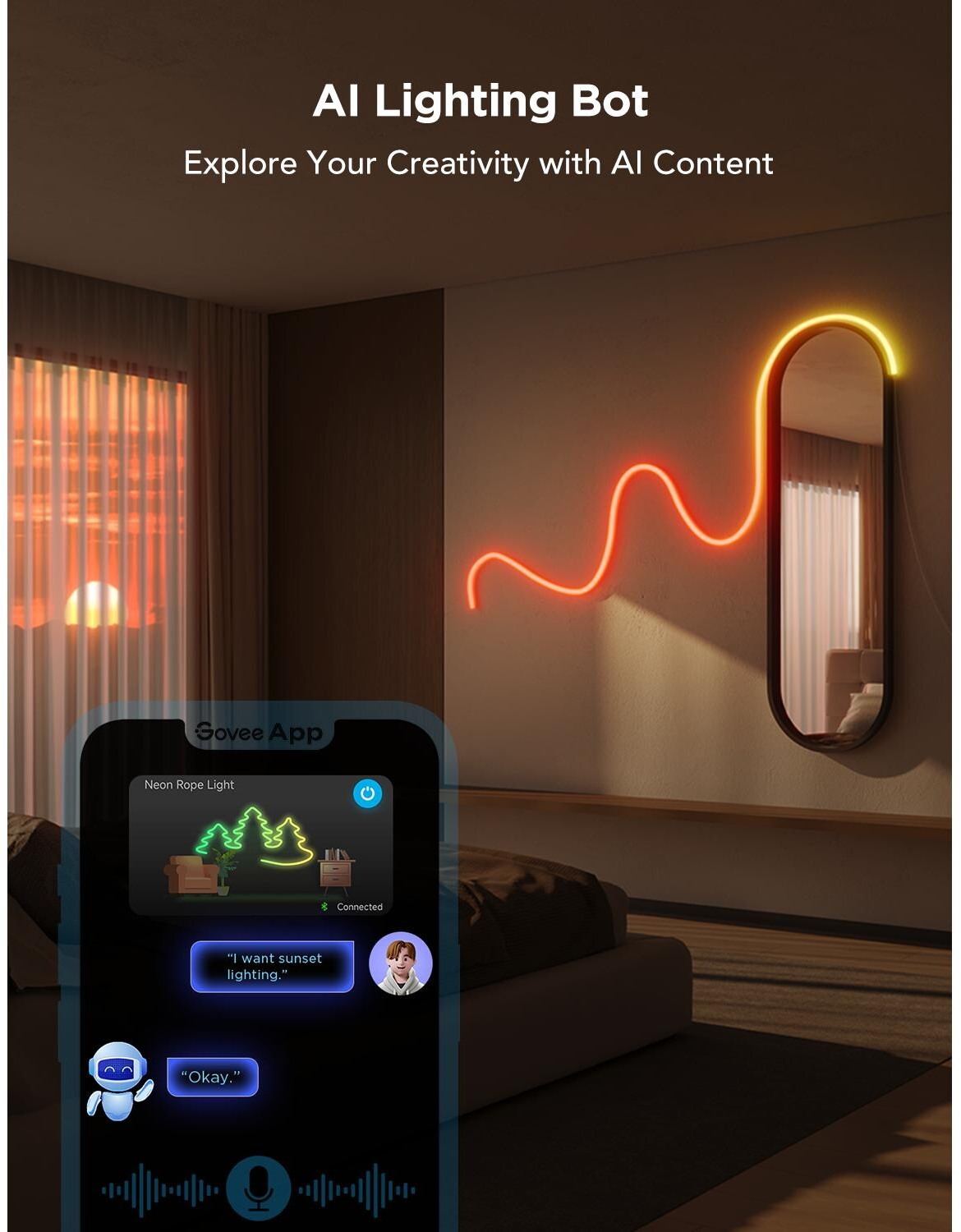 Una stanza con luce al neon, uno specchio e un telefono che mostra un'app. Il telefono mostra una richiesta di illuminazione al tramonto.