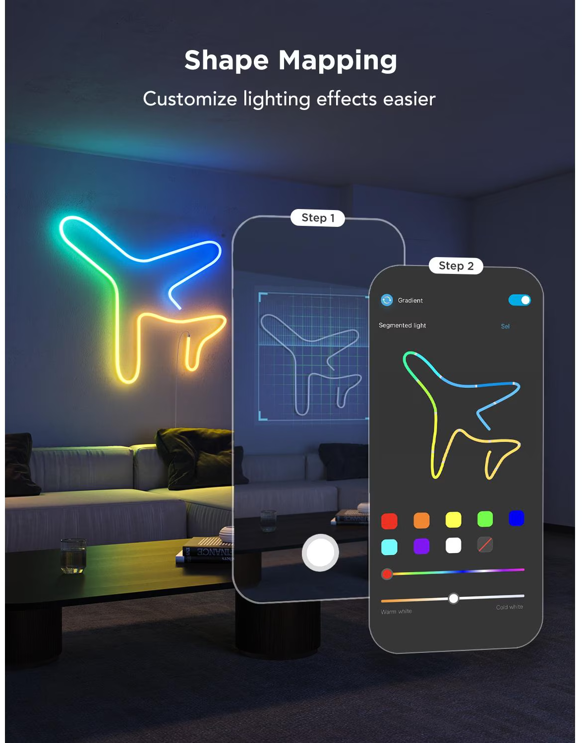 Un'insegna al neon in un soggiorno, con schermi di smartphone che illustrano le opzioni di personalizzazione dell'illuminazione.