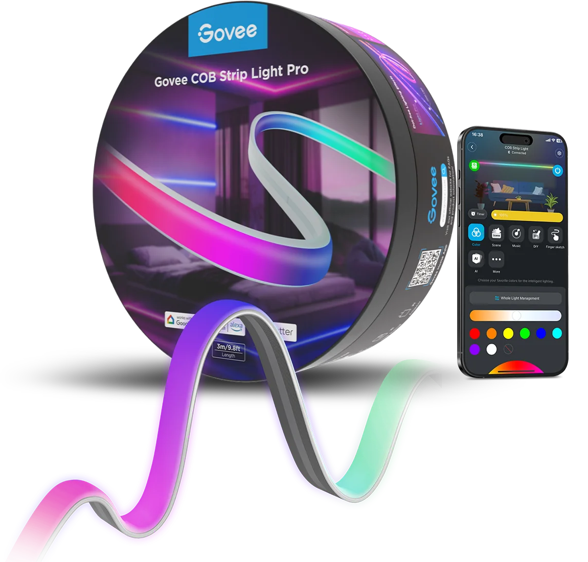 Una scatola Govee COB Strip Light Pro, con una striscia luminosa curva. Un telefono mostra i controlli dell'app. La striscia luminosa è viola, blu e verde.