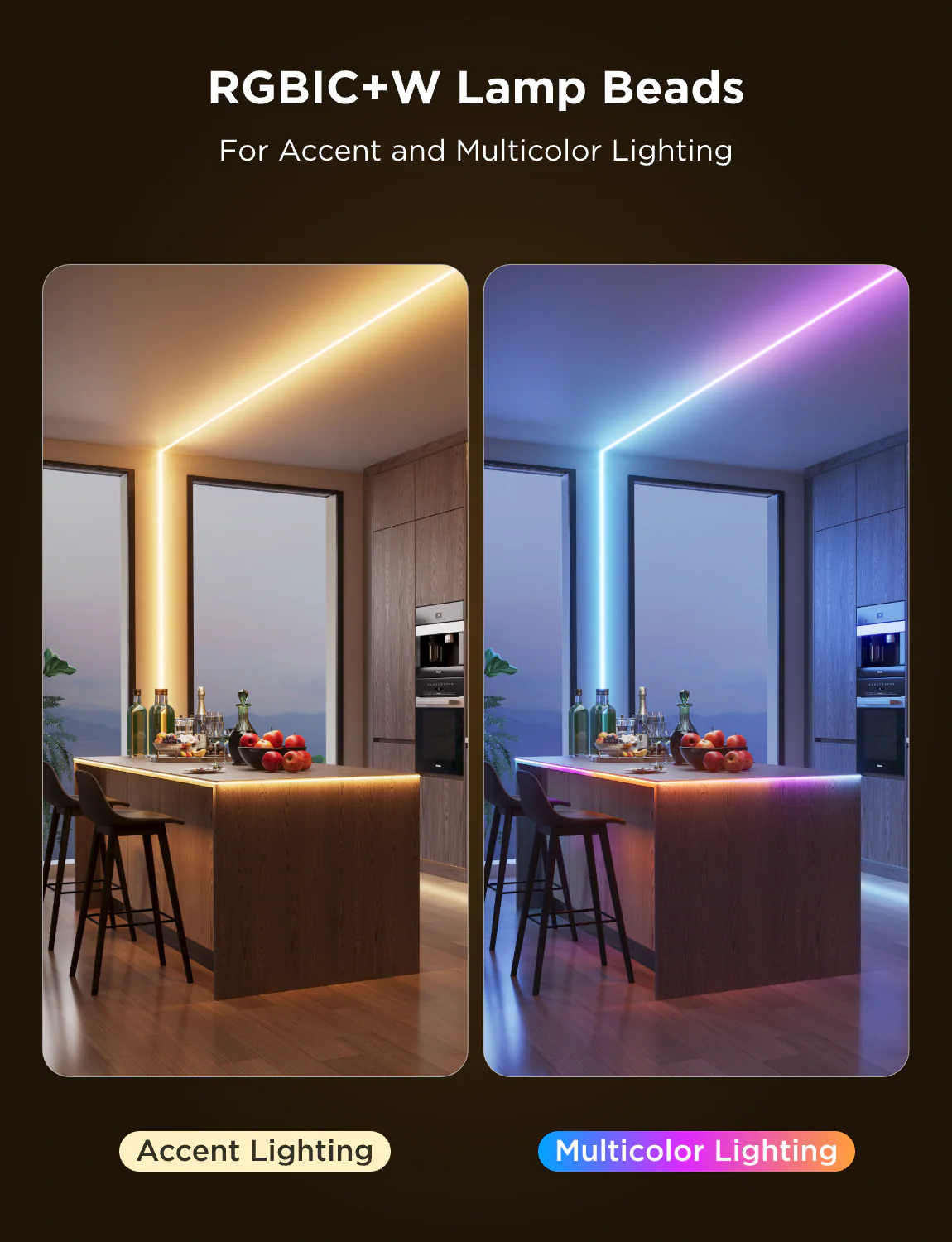 Scena di cucina con isola. Illuminazione d'accento e multicolore. Bottiglie, frutta e sgabelli sull'isola. Finestre e armadi sullo sfondo.