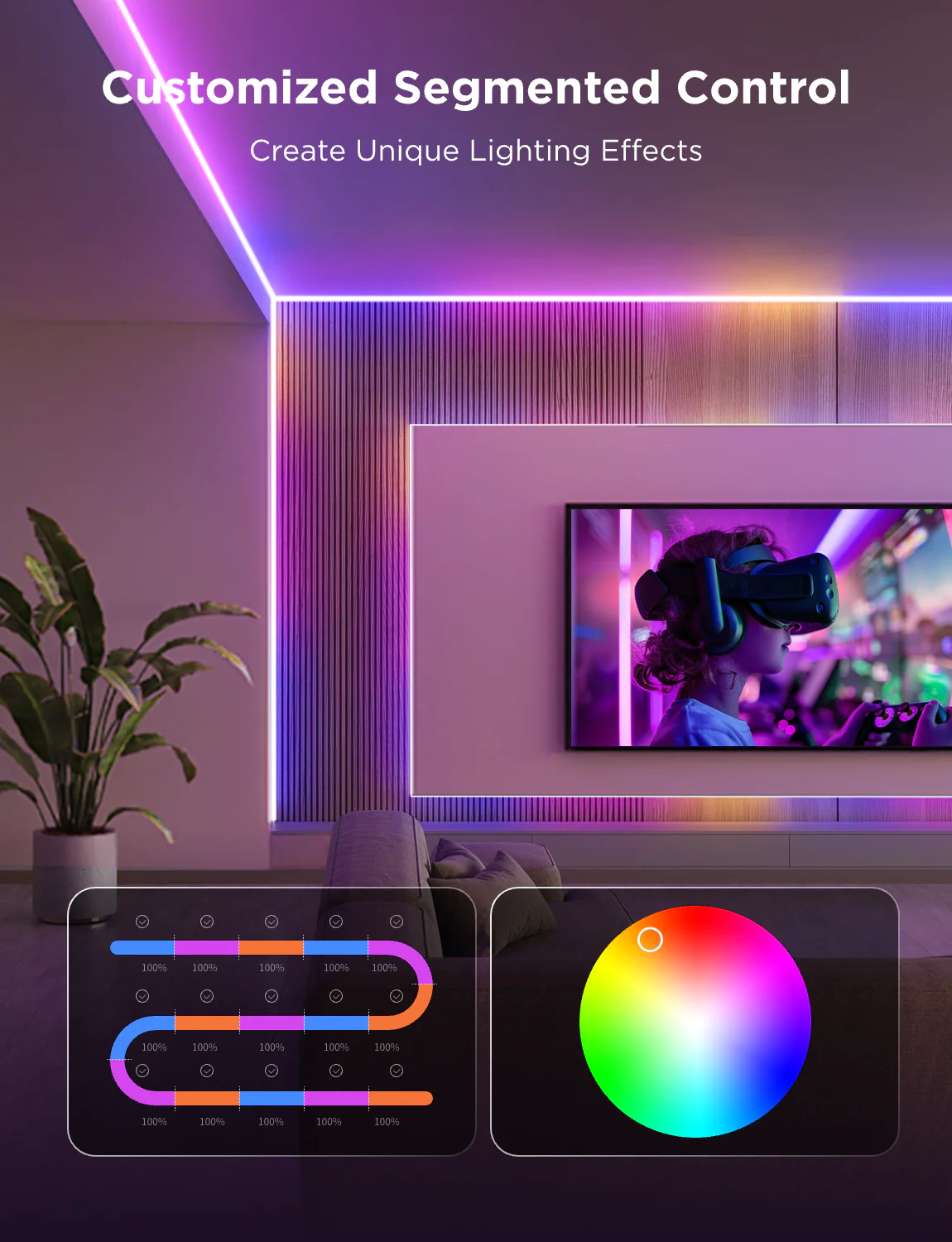 Una stanza con illuminazione a LED. Una persona con occhiali VR è su una TV. C'è una ruota dei colori e controlli segmentati.
