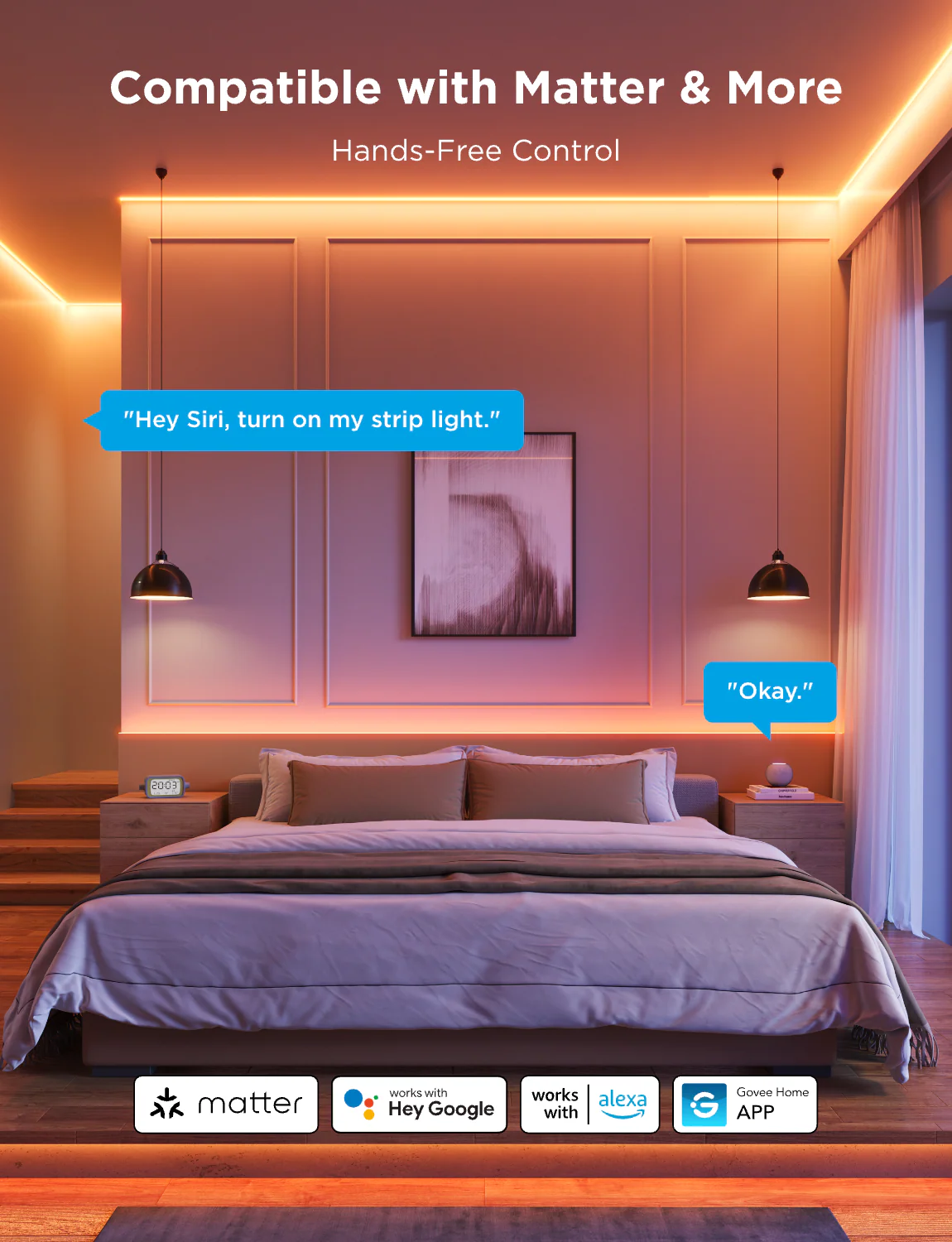 Scena della camera da letto con illuminazione intelligente. Un assistente vocale risponde a un comando. Sono presenti i loghi Matter, Hey Google, Alexa e Govee Home.