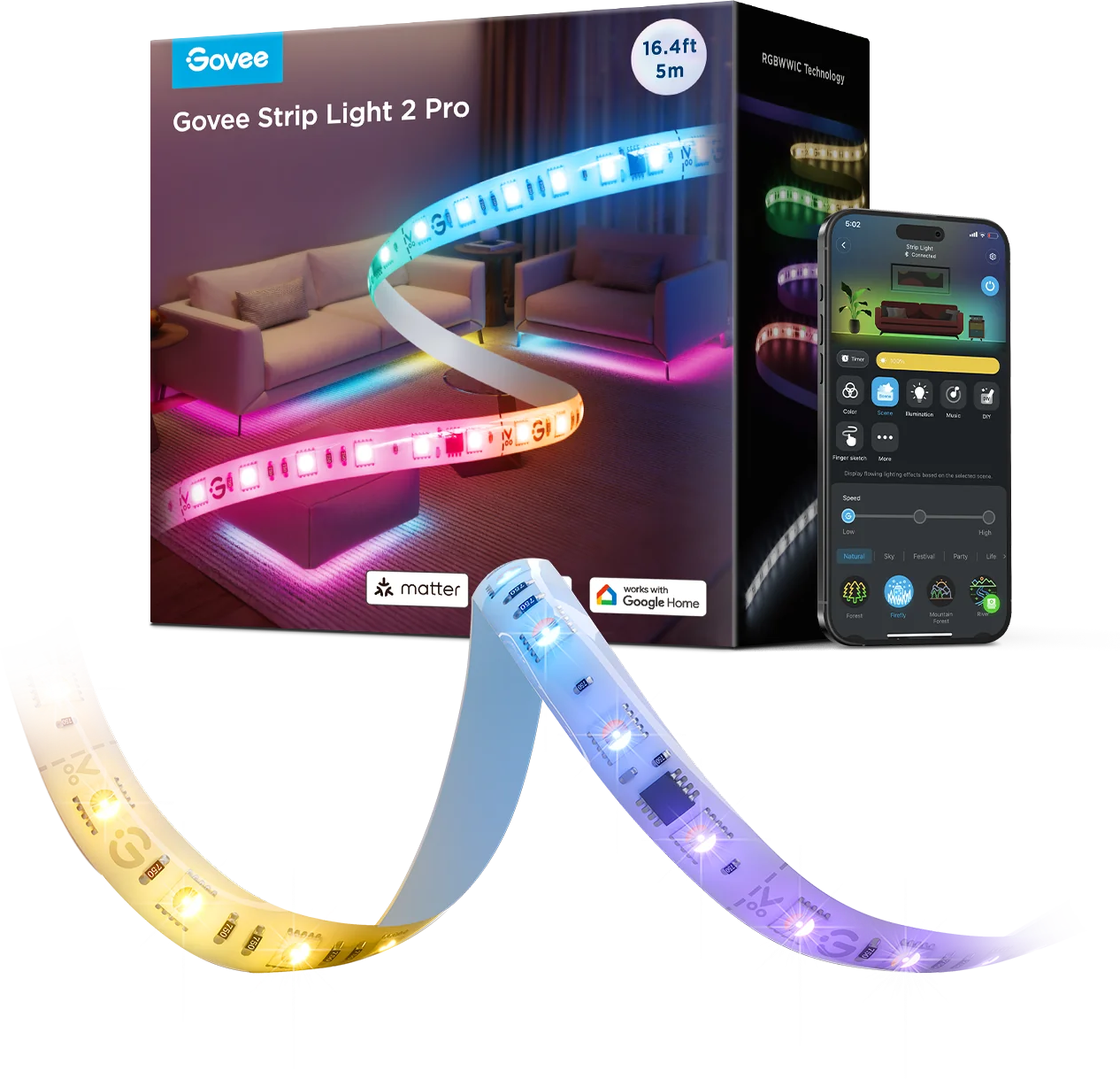 Una scatola Govee Strip Light 2 Pro, striscia luminosa con cambio colore, telefono con controllo app e scena soggiorno.