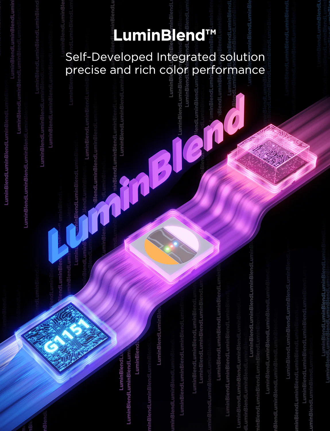 Immagine astratta con il logo LuminBlend. Presenta circuiti luminosi e soluzioni integrate su sfondo scuro.