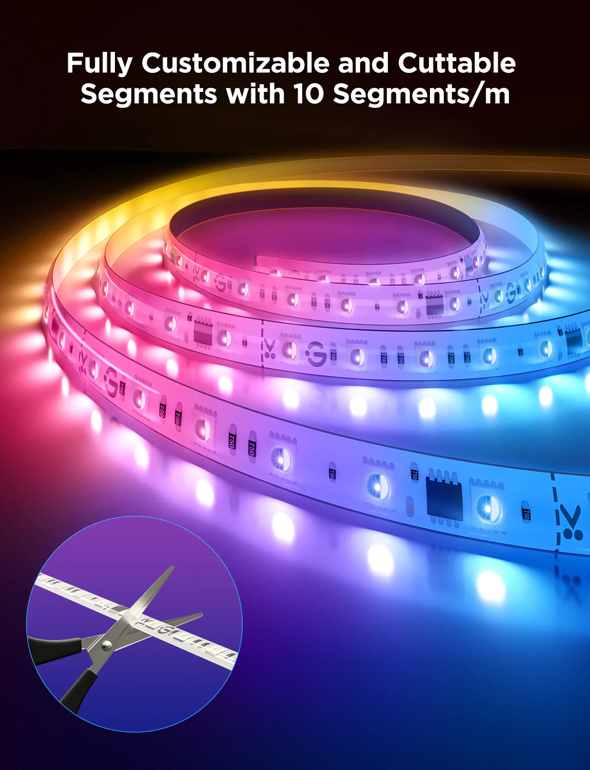 Una striscia LED flessibile multicolore è arrotolata. Le forbici tagliano un segmento della striscia. Testo: Completamente personalizzabile e tagliabile.