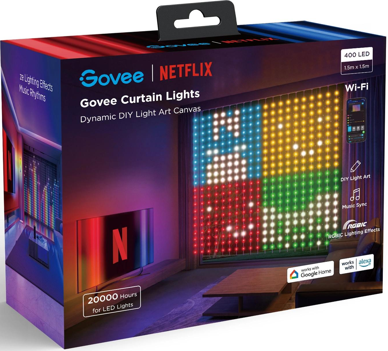 Scatola di luci per tende Govee, con un display luminoso colorato e un televisore con il logo Netflix. Le caratteristiche includono Wi-Fi e sincronizzazione musicale.