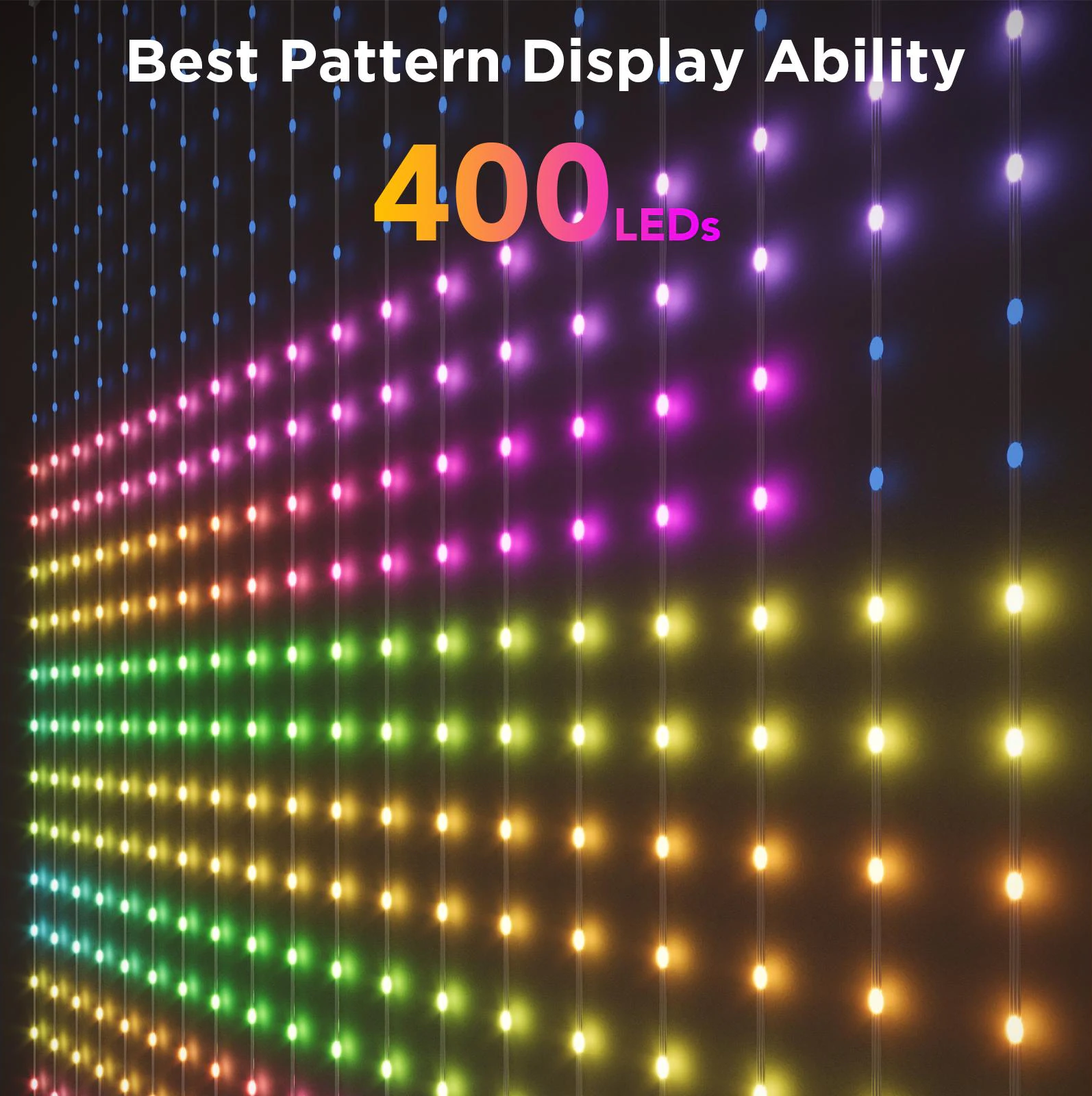 Luci a LED colorate in una tenda. Il testo dice "Best Pattern Display Ability" e "400 LEDs".