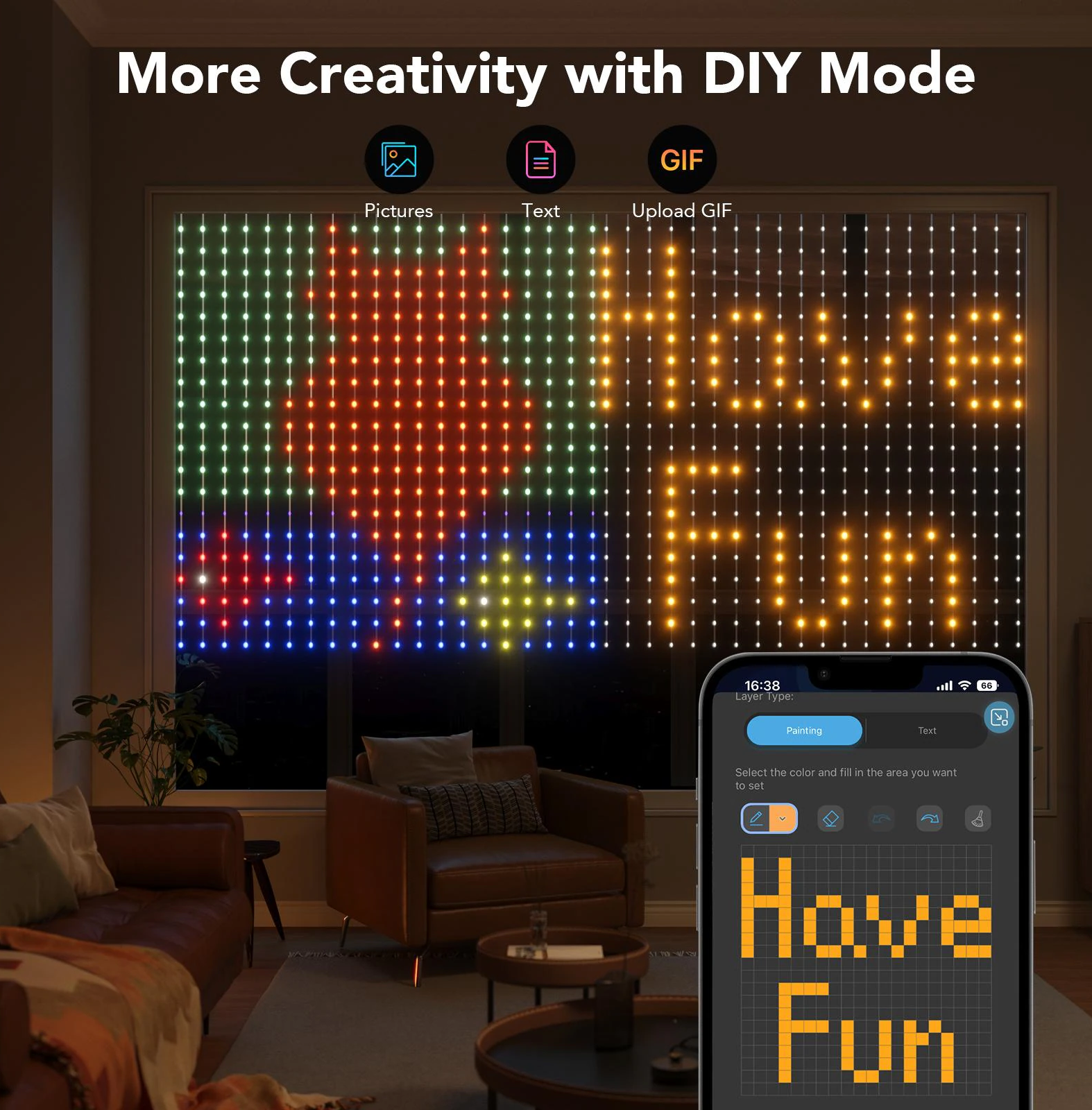 Pannello LED con 'Have Fun' e telefono con interfaccia di progettazione. Soggiorno con mobili sullo sfondo.