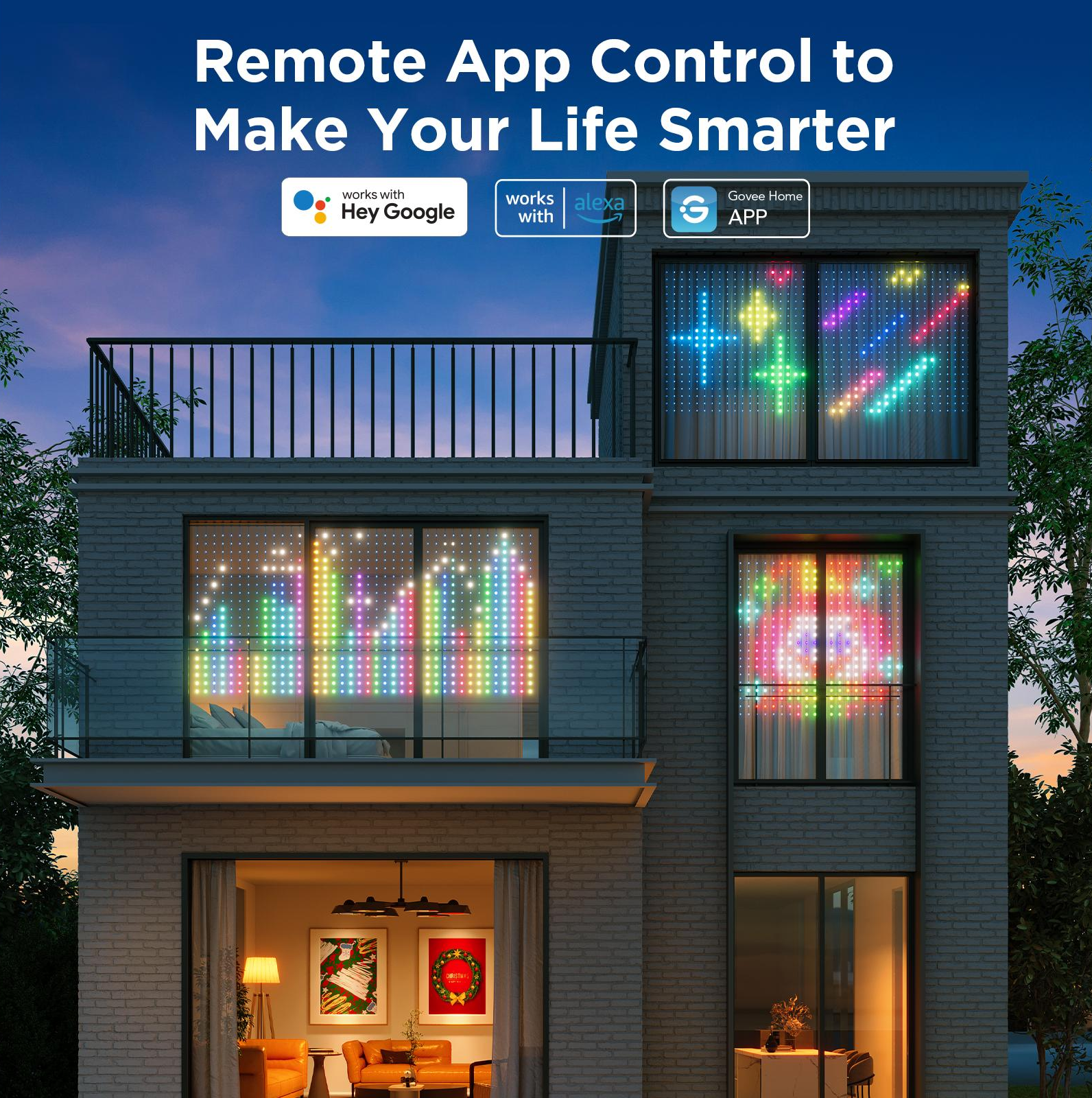 Una casa moderna con finestre illuminate che mostrano motivi colorati. Il testo 'Remote App Control' è in alto.
