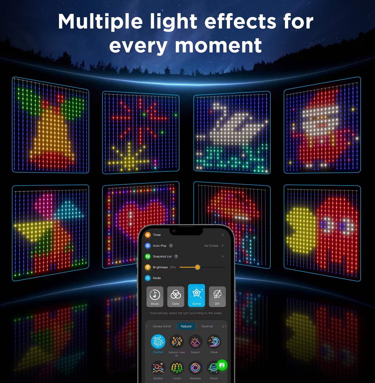 L'immagine mostra molteplici effetti di luce visualizzati su schermi, controllati da un'app per telefono. Vengono mostrati vari modelli animati.