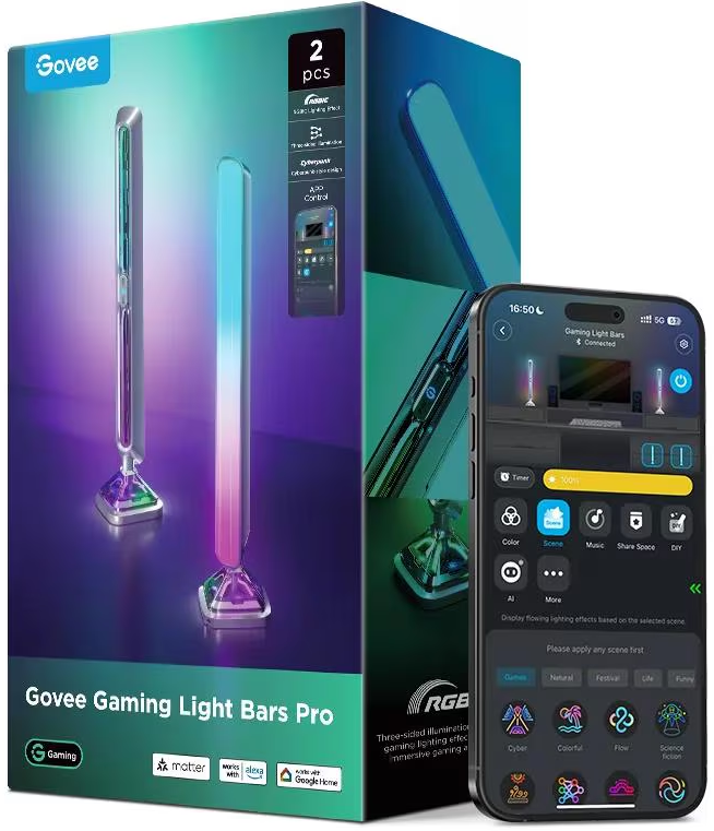 Scatola Govee Gaming Light Bars Pro con due barre luminose e uno smartphone che mostra le opzioni di controllo.