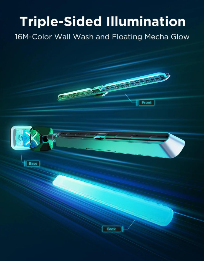 L'immagine mostra un prodotto con illuminazione a tre lati. Ha una base, un fronte e un retro. I colori sono verde e blu con uno sfondo scuro.