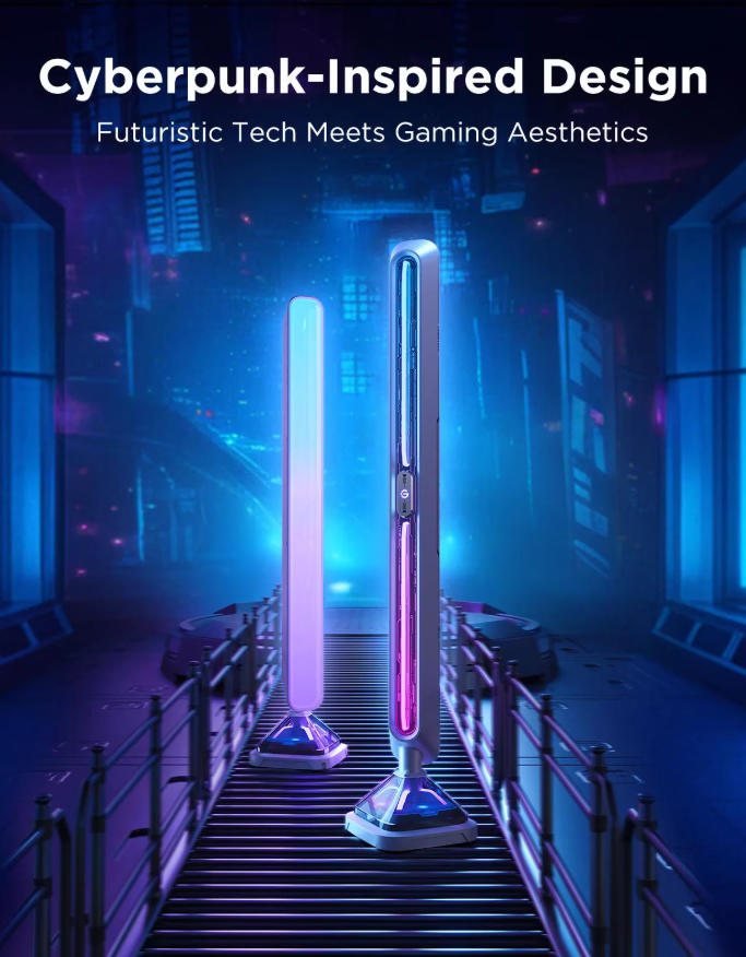 Due lampade futuristiche su una piattaforma. Una brilla di rosa, l'altra è viola chiaro. Lo sfondo presenta una città futuristica.