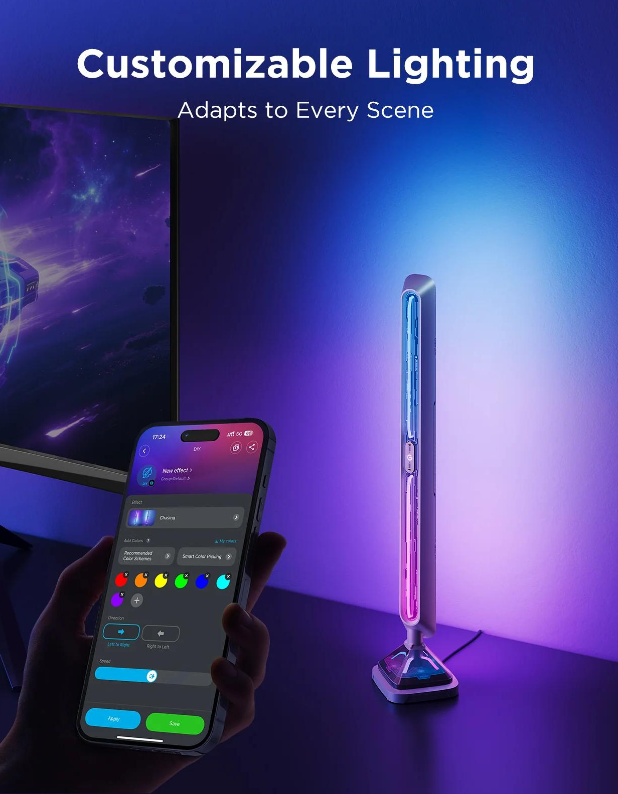 Un telefono controlla una lampada che cambia colore. La scena presenta un monitor e il testo: Illuminazione personalizzabile, Si adatta a ogni scena.