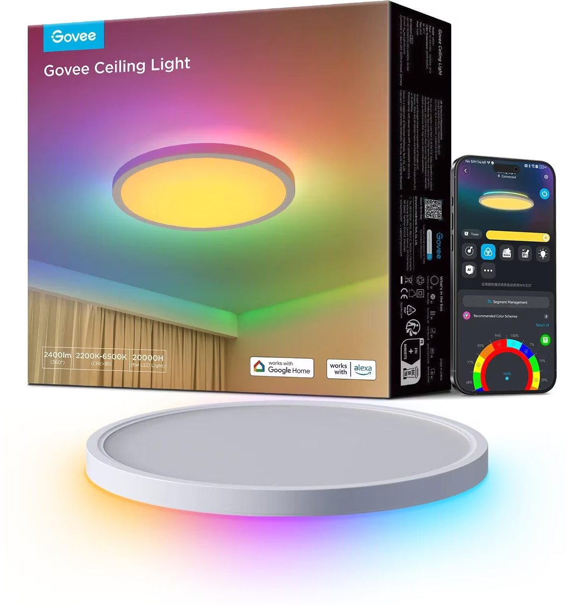 Una scatola di plafoniera Govee, una luce e un telefono che mostra le sue impostazioni. La luce è rotonda e ha luci colorate.