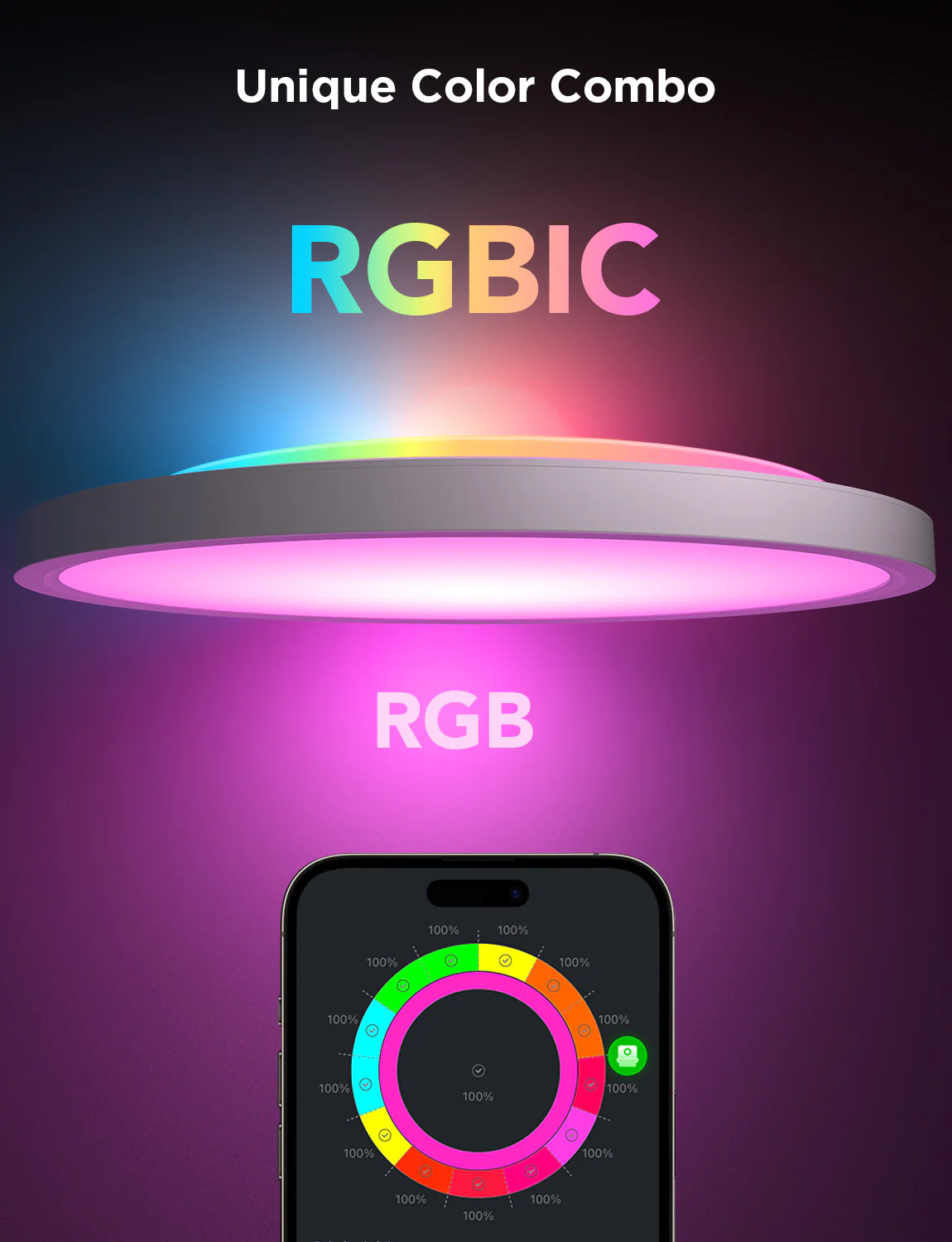 Immagine di una lampada RGBIC. Uno smartphone mostra i controlli colore. Lo sfondo è sfumato, da scuro a chiaro.