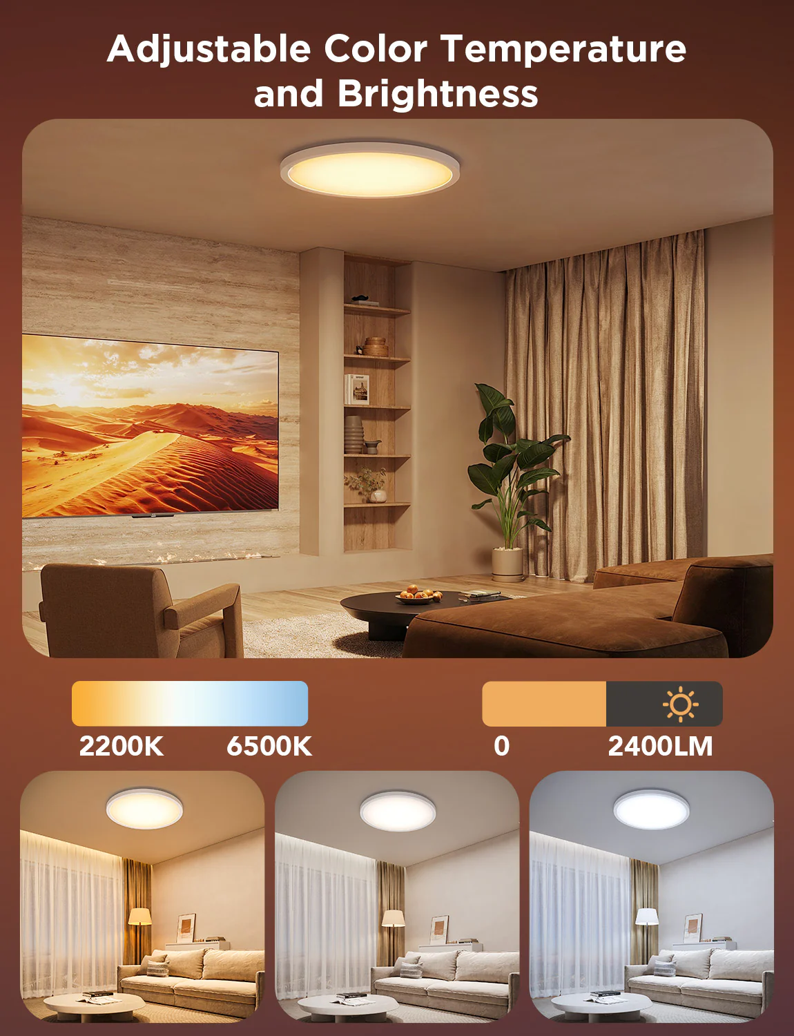 Una stanza illuminata da una plafoniera a LED regolabile. L'immagine mostra le opzioni di temperatura colore e luminosità.
