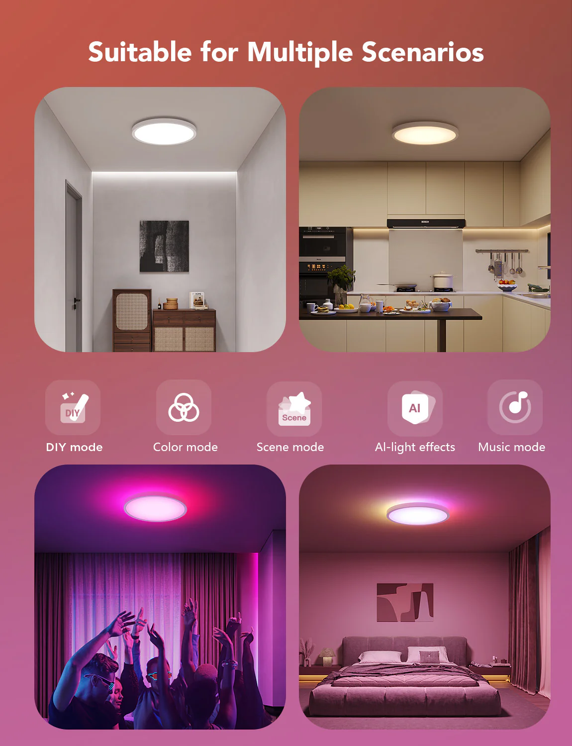 Un'immagine che mostra una luce da soffitto intelligente in vari ambienti. Include scene come un corridoio, una cucina, una festa e una camera da letto.