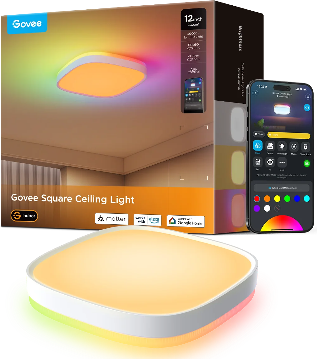 Una plafoniera quadrata Govee con una scatola. Uno smartphone mostra il controllo dell'app della luce. La luce è circondata da bagliori colorati.