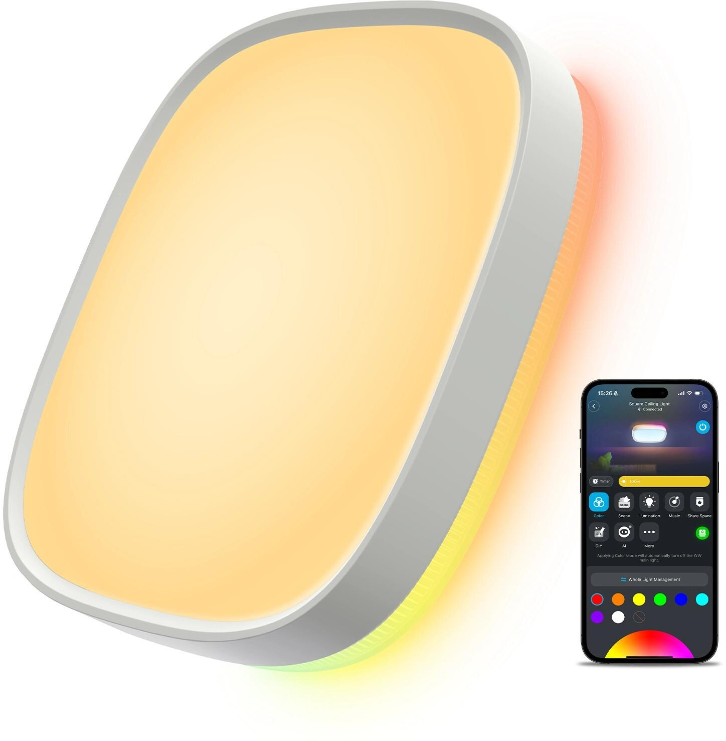 Una luce intelligente con un'app per telefono che mostra le opzioni di colore. La luce è bianca con un centro giallo. Un bagliore arcobaleno la circonda.