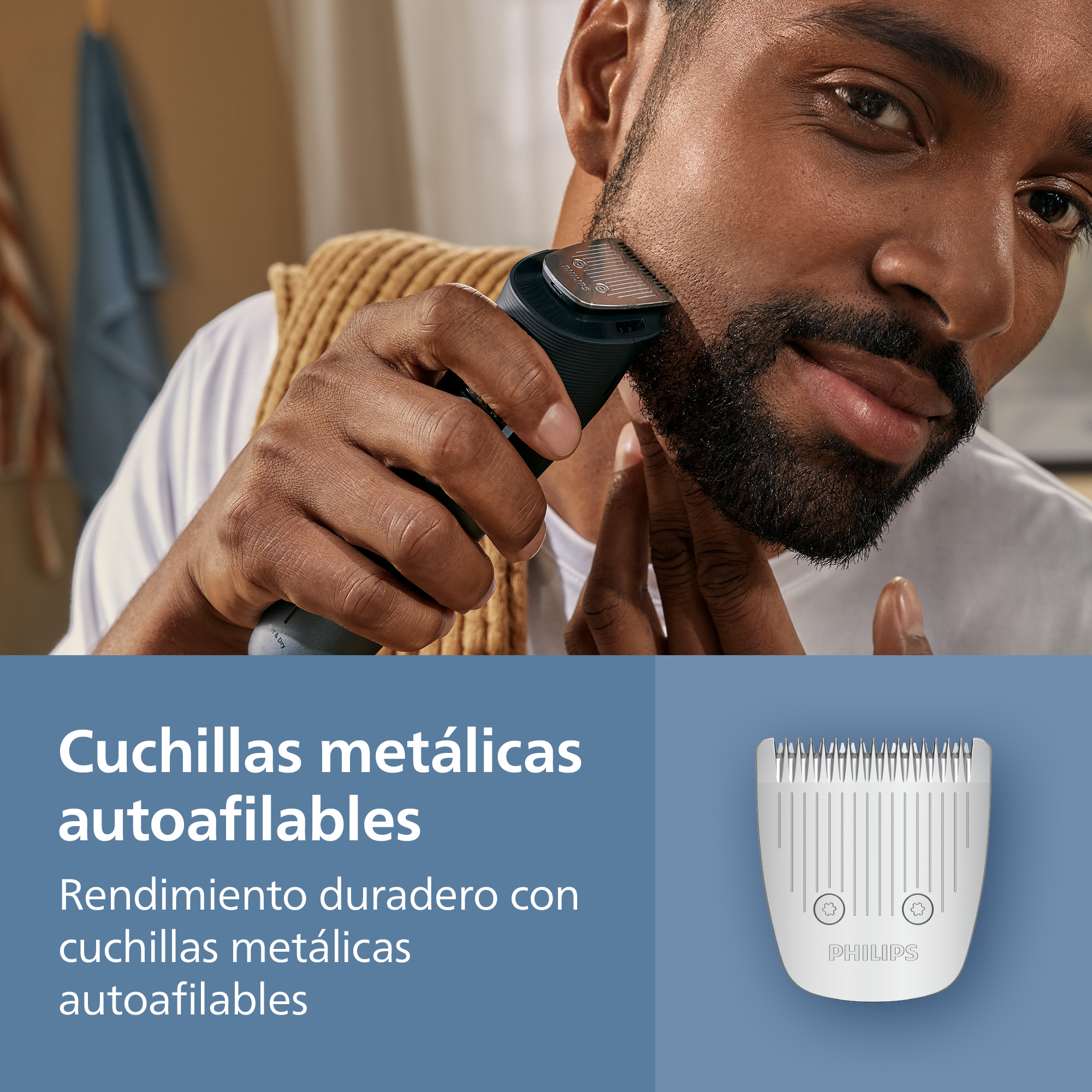 Cuchillas metálicas autoafilables. Rendimiento duradero con cuchillas metálicas autoafilables.