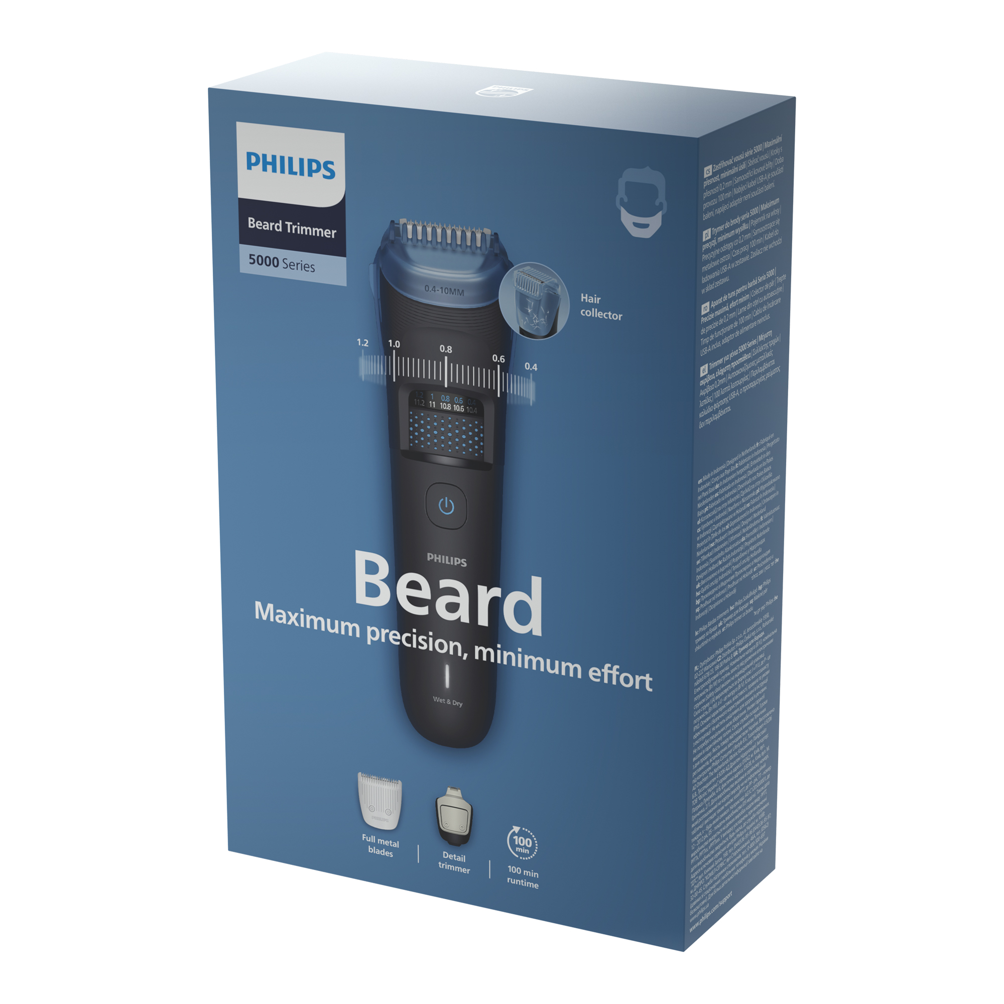 Una caja de recortadora de barba Philips. Tiene una recortadora y se muestran sus características.