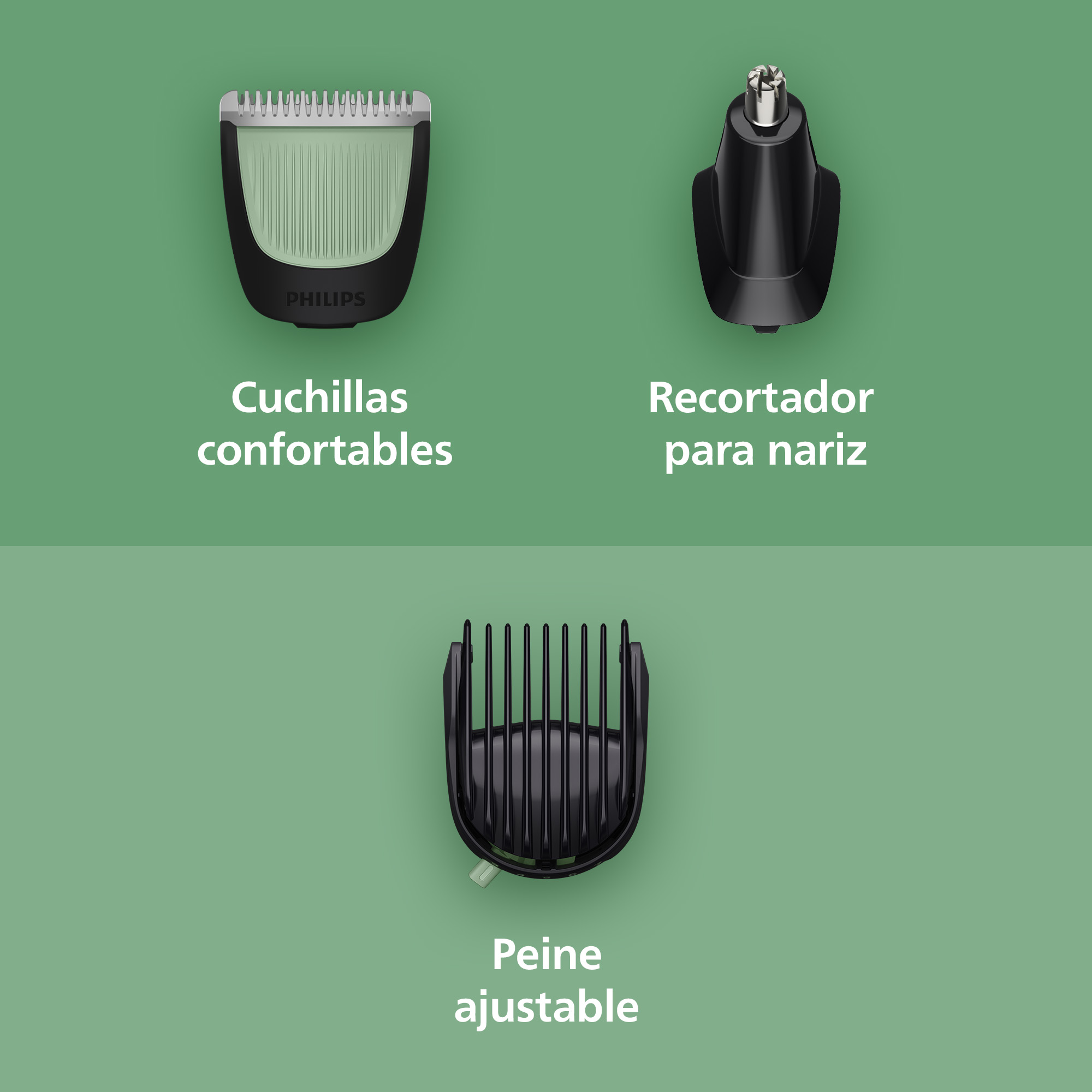 Cuchillas confortables. Recortador para nariz. Peine ajustable.