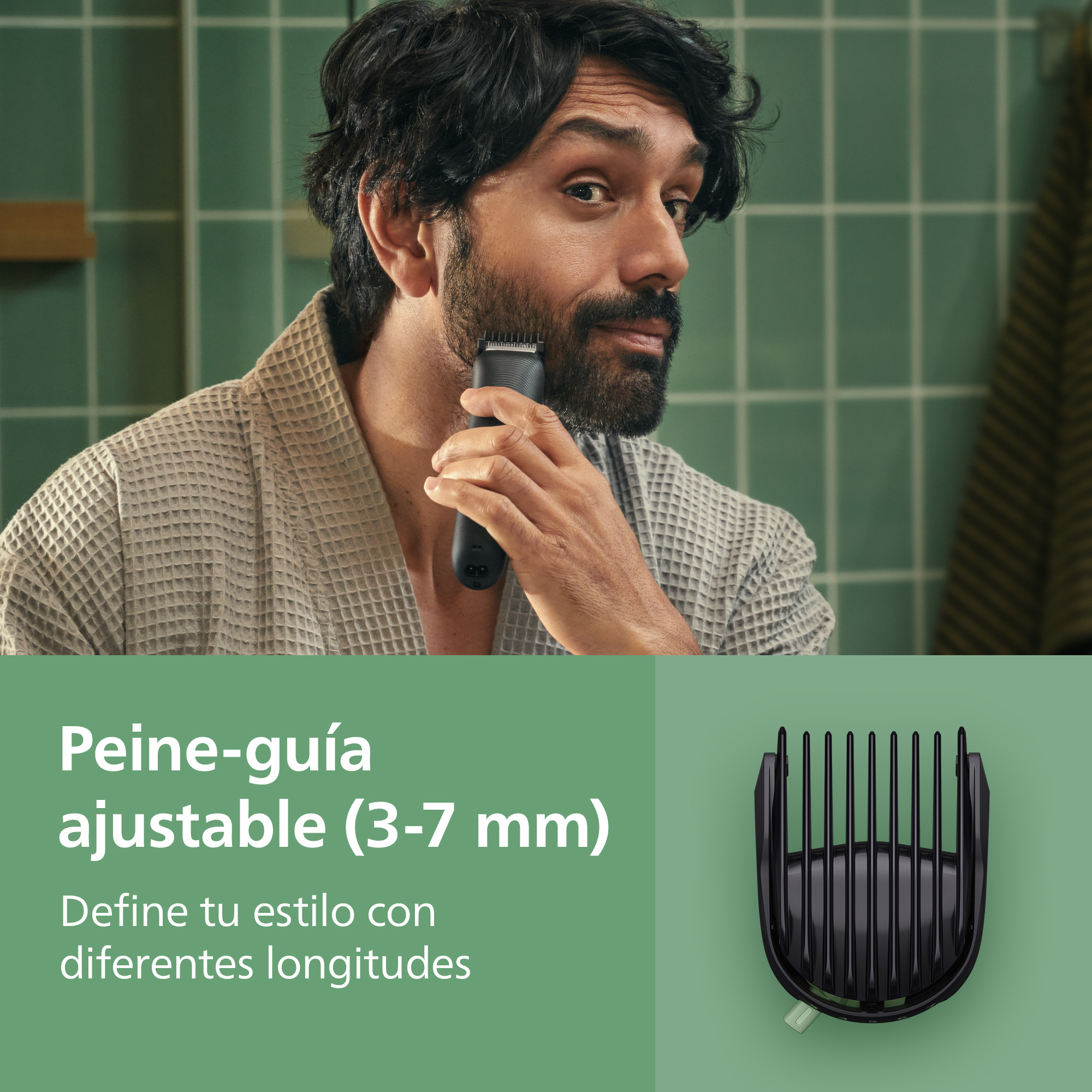 Peine-guía ajustable (3-7 mm). Define tu estilo con diferentes longitudes.