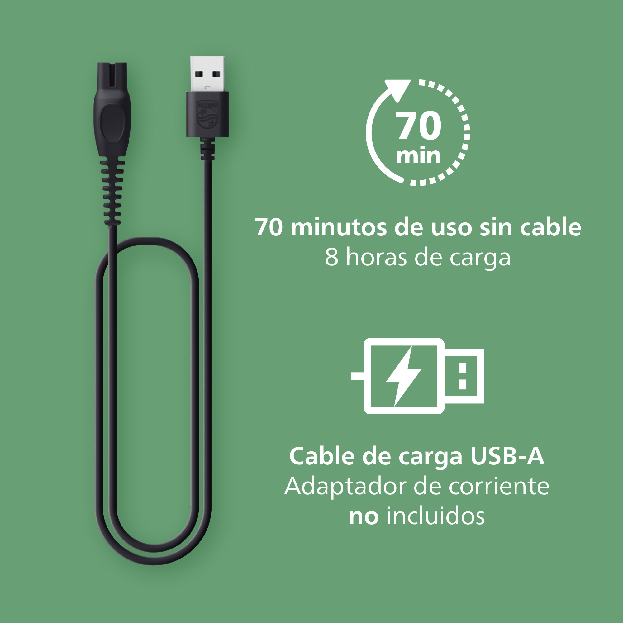 70 minutos de uso sin cable, 8 horas de carga. Cable de carga USB-A, adaptador de corriente no incluido.