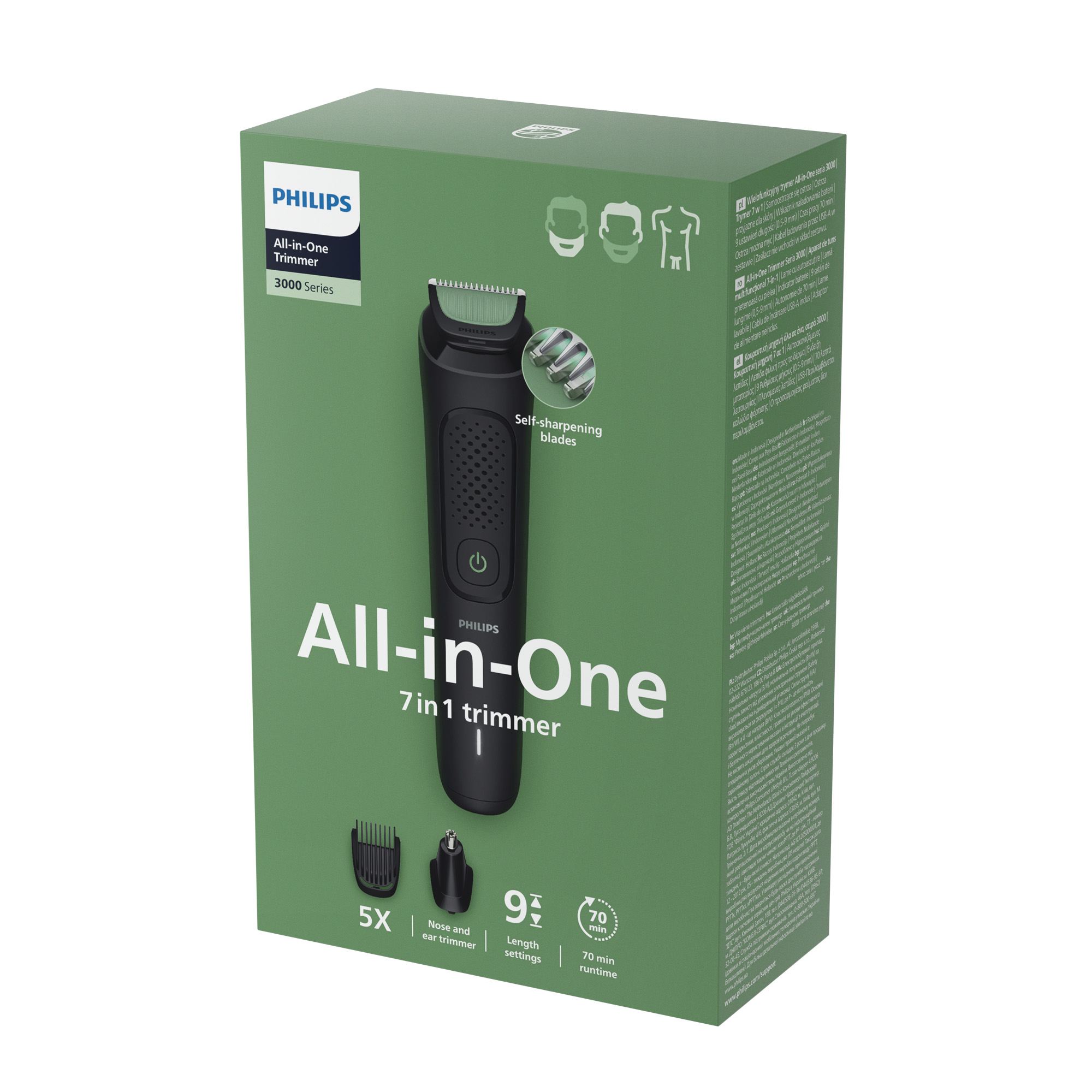 Caja verde Philips All-in-One 7 en 1 con imagen y texto del recortador.