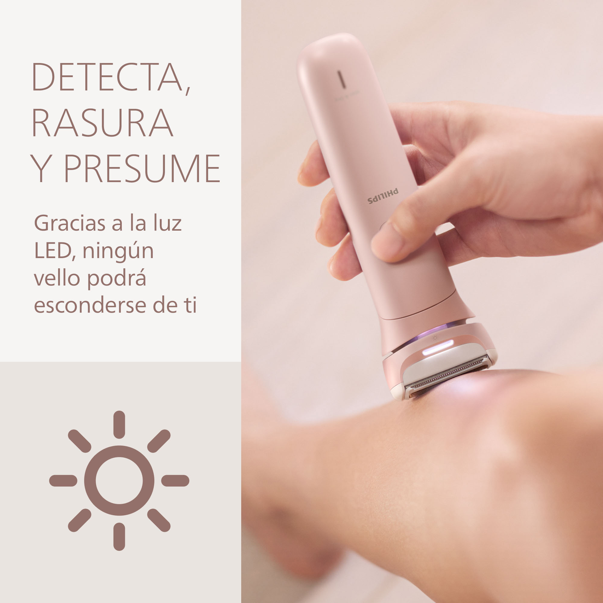 Una persona usa una afeitadora Philips rosa en su pierna. El texto en español describe las características del producto.