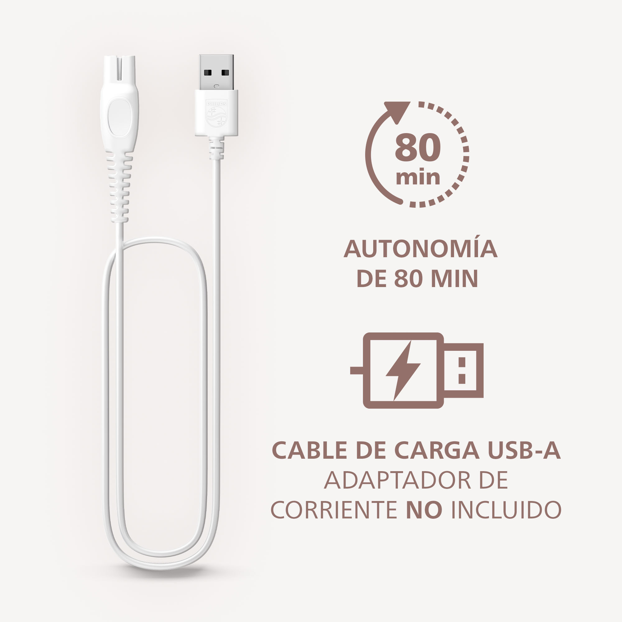 Autonomía de 80 minutos. Cable de carga USB-A. Adaptador de corriente no incluido.