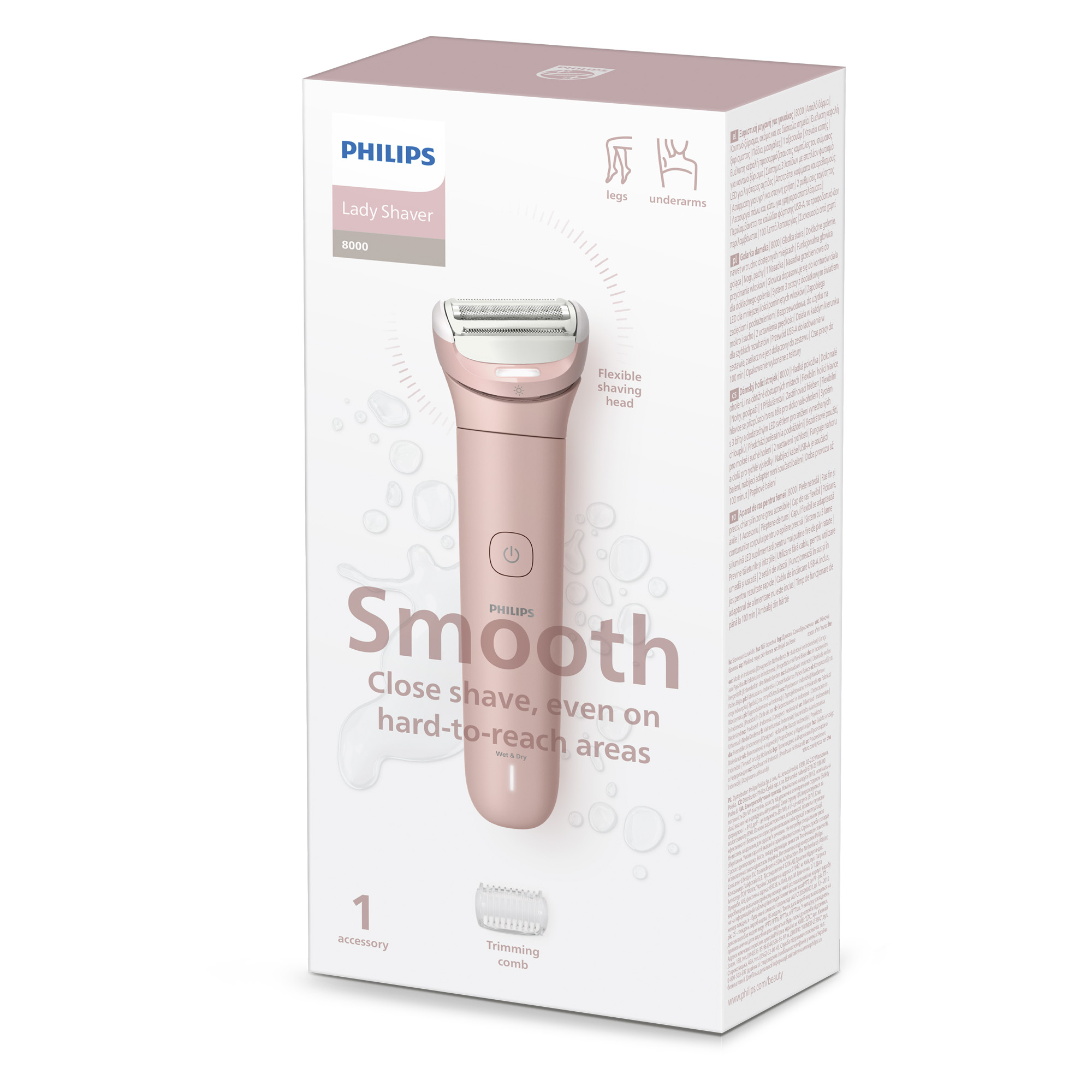 Philips Lady Shaver 8000 en caja, afeitadora rosa, texto: Afeitado suave, incluso en áreas difíciles.