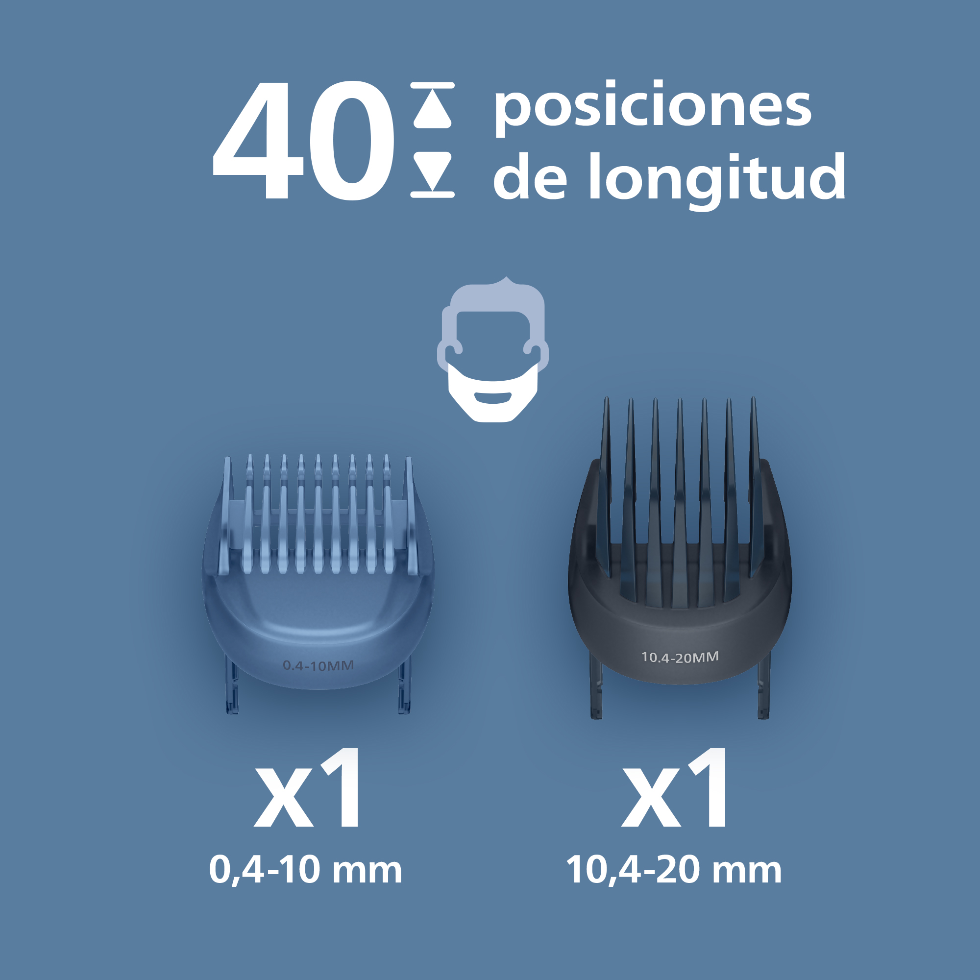 40 posiciones de longitud. 1x Peine de 0.4 a 10 mm y x1 peine de 10 mm y de 4 a 20 mm.