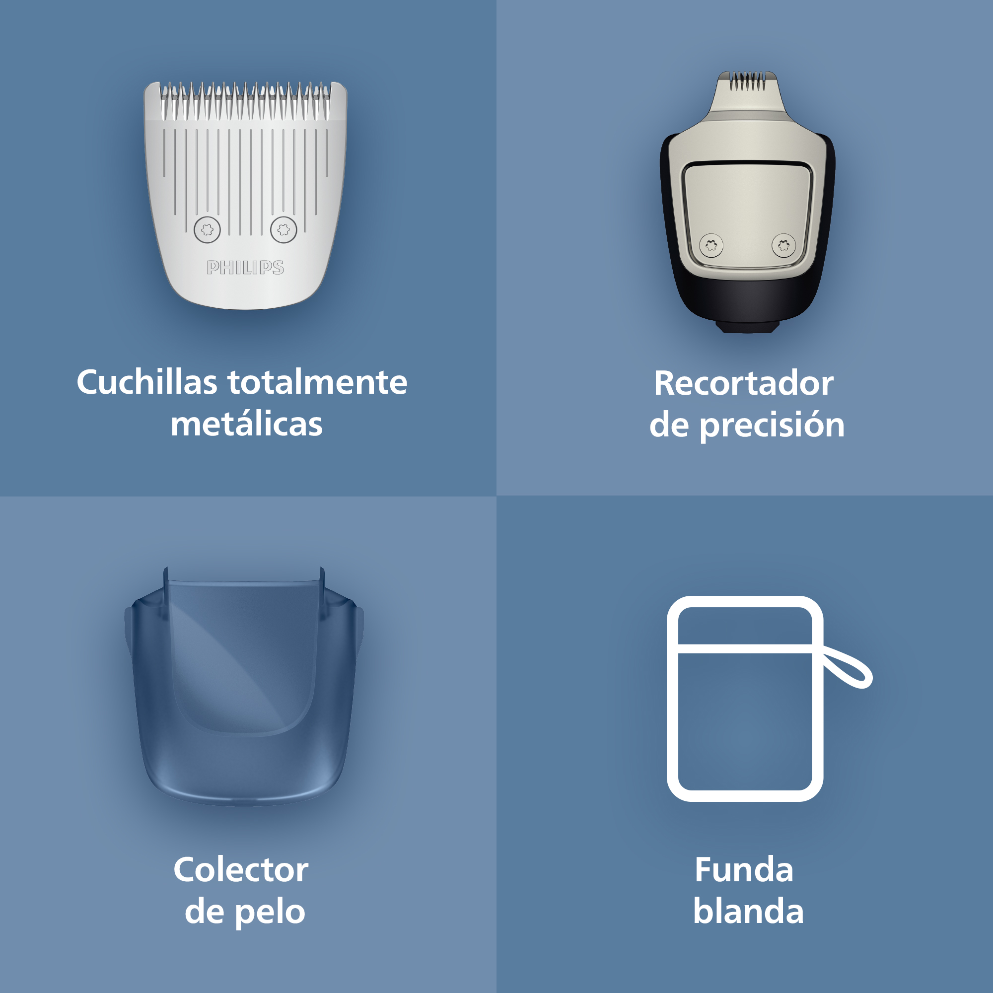 Cuchillas totalmente metálicas, Recortador de precisión, Colector de pelo, Funda blanda.