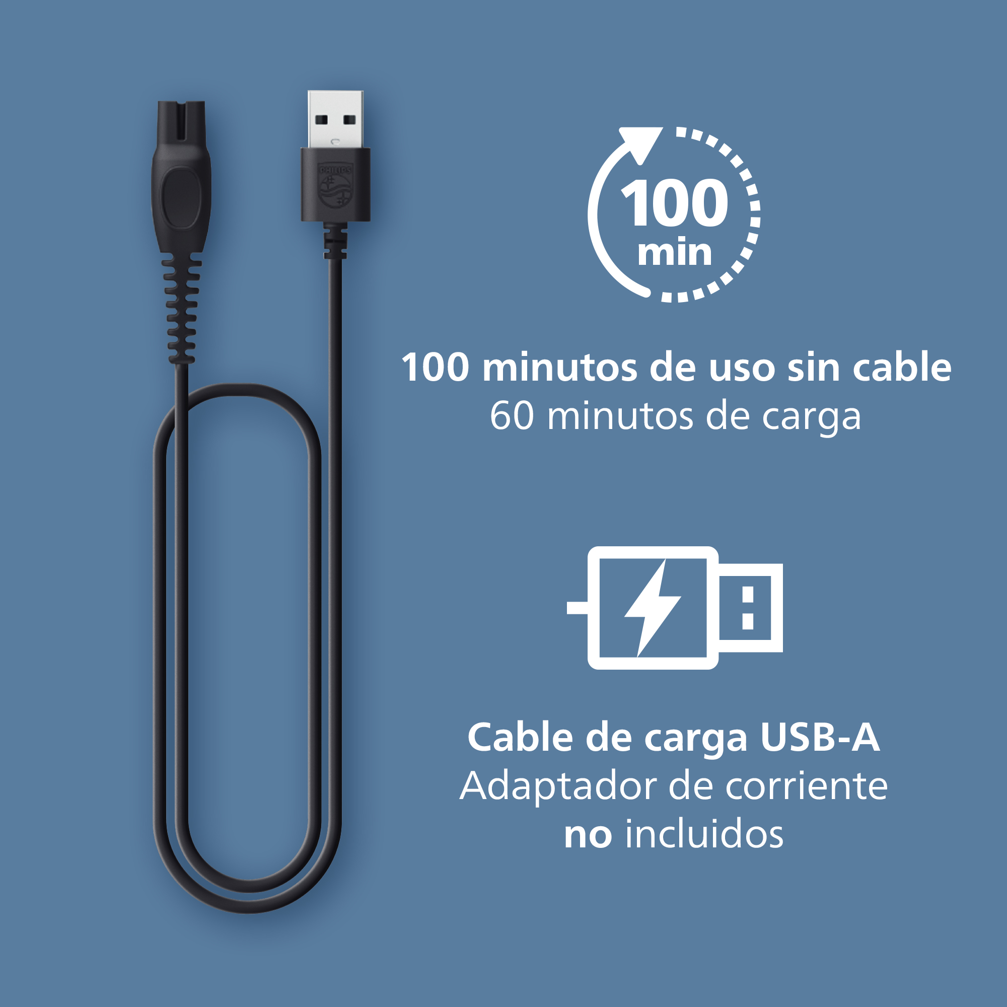 100 minutos de uso sin cable, 60 minutos de carga. Cable de carga USB-A, adaptador de corrriente no inlcuido. 