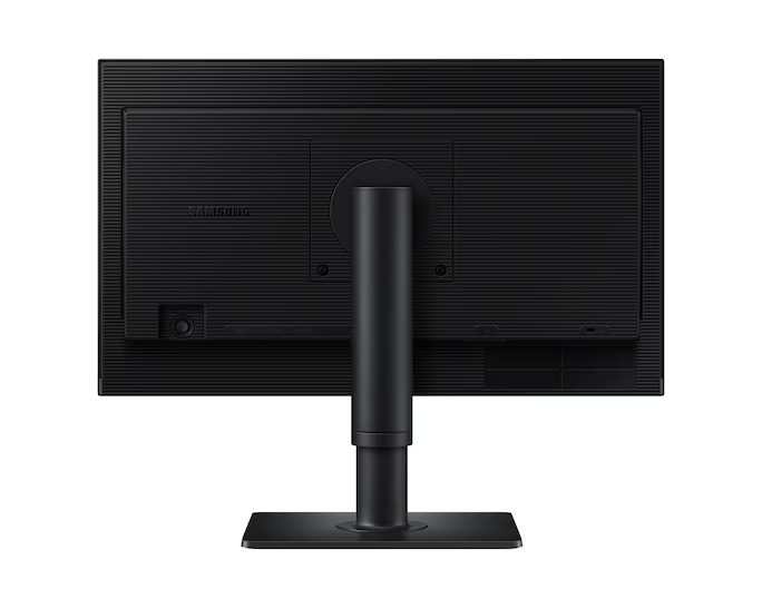 Egy fekete Samsung monitor hátulnézete. Fekete állványon van. Látható a Samsung logója. Portok és szellőzőnyílások is láthatók.
