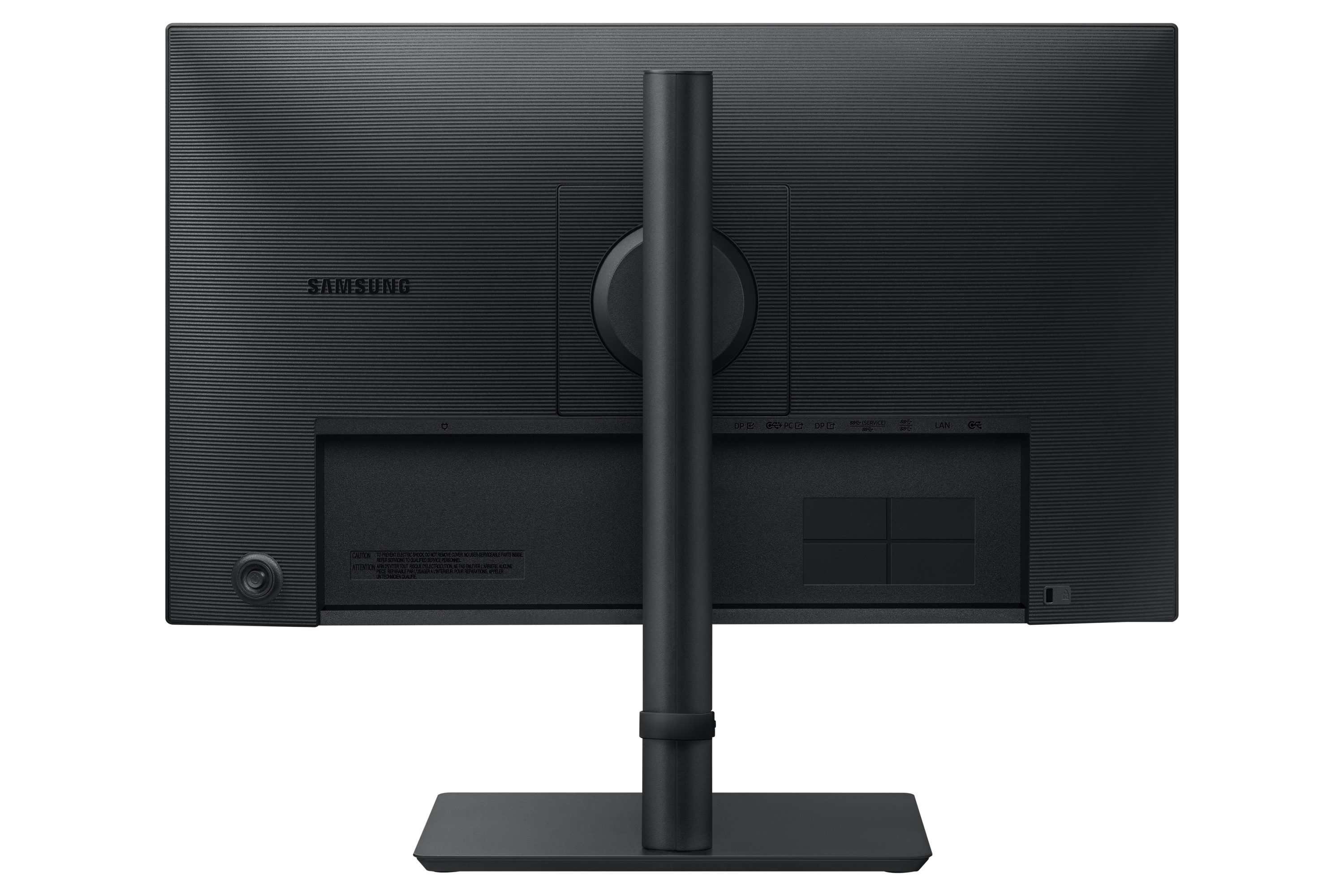 Fekete Samsung monitor hátulja, portok, állvány és szöveg. A felületet vízszintes vonalak borítják.