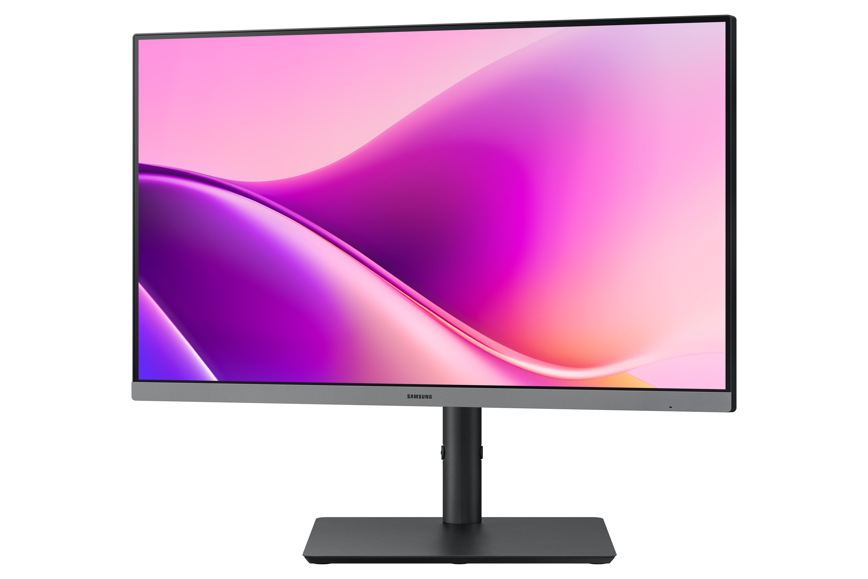 Samsung monitor színes, absztrakt háttérrel. A monitor fekete állványon van, a háttér fekete.
