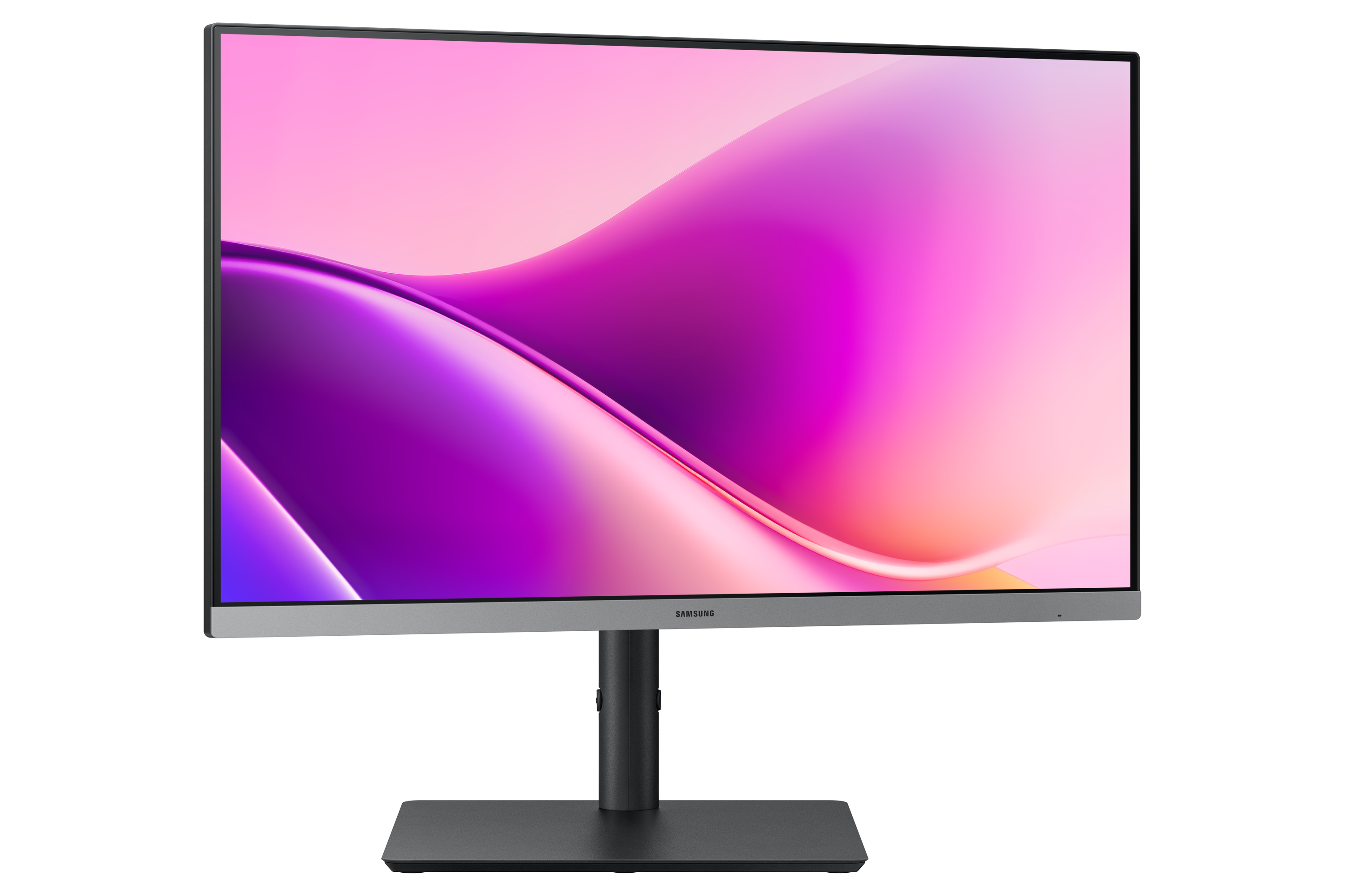 Egy Samsung monitor ívelt képernyővel rózsaszín és lila színátmenetet jelenít meg fekete háttéren.