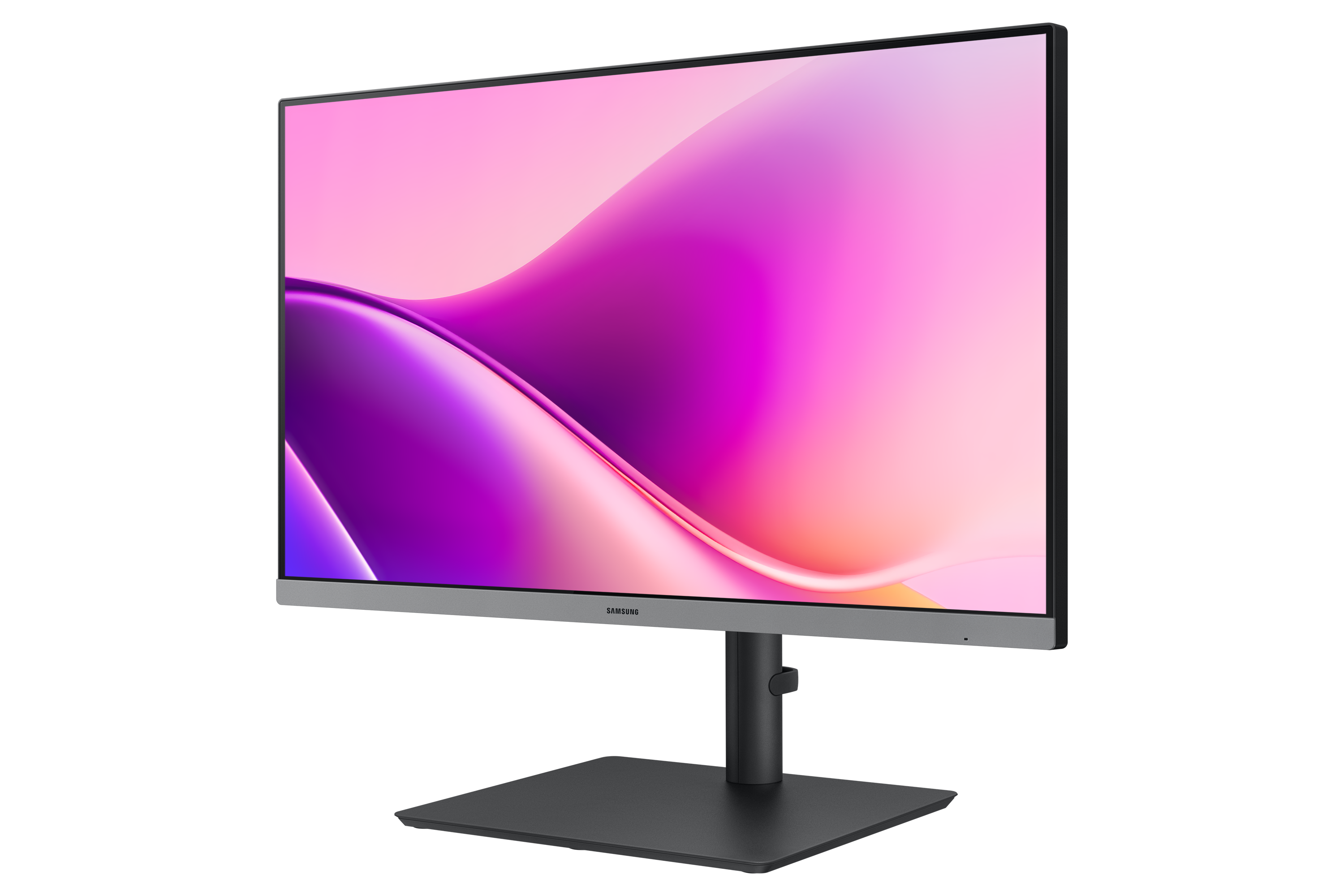 Egy Samsung monitor ívelt kijelzővel. A képernyő rózsaszín és lila absztrakt dizájnt mutat. Fekete állványa és talpa van.