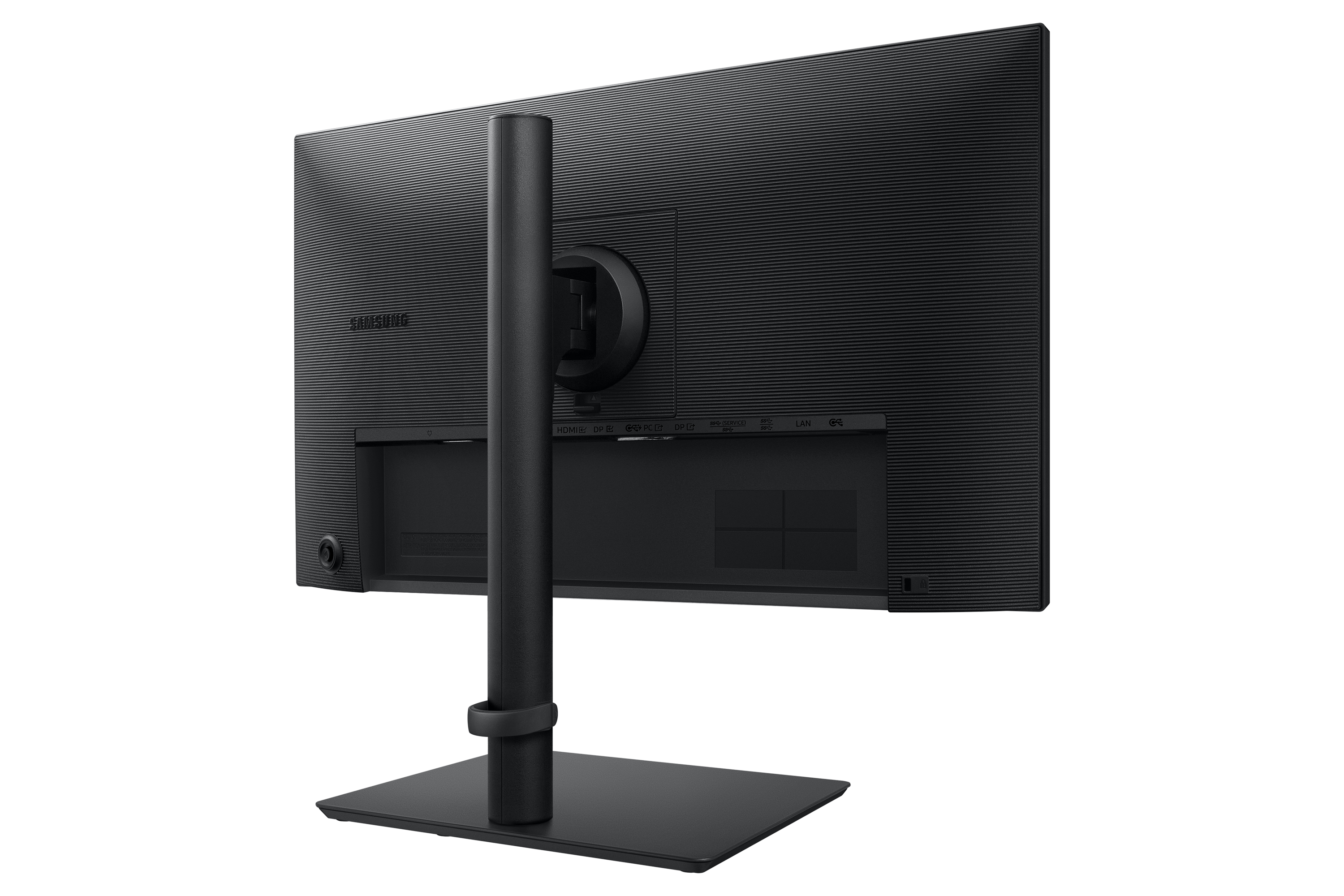 Egy fekete Samsung monitor hátulja, állvánnyal. A portok láthatók. A felület vízszintes vonalakból áll.