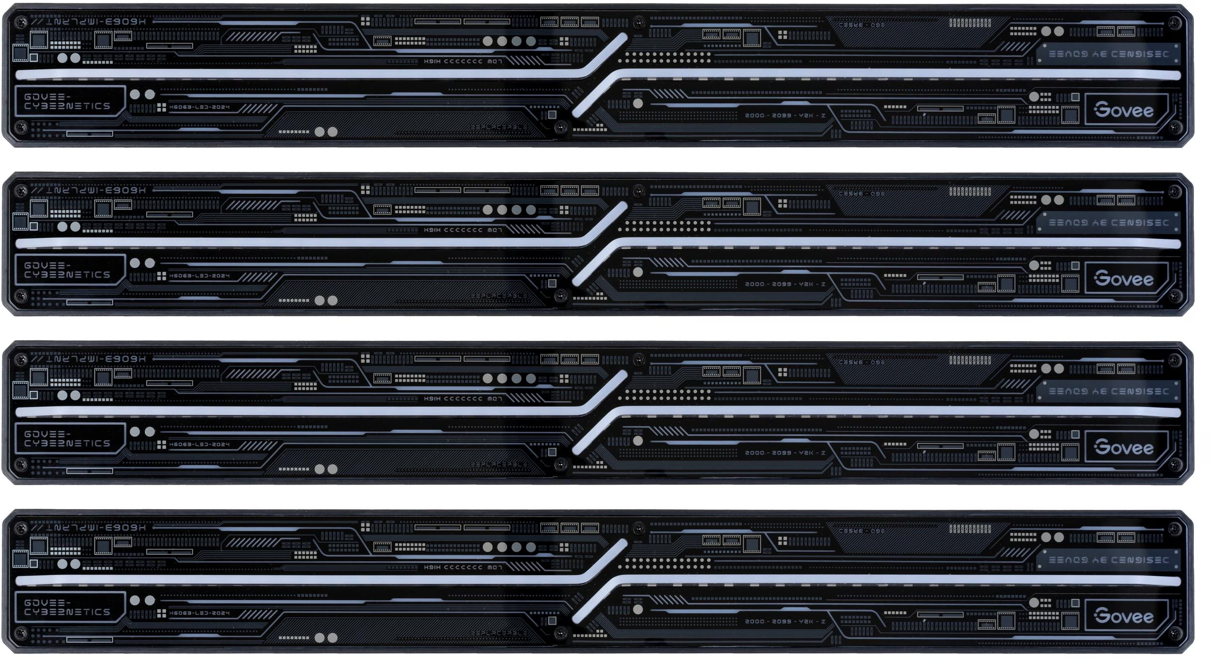 Quattro dispositivi elettronici rettangolari neri con luci bianche e varie etichette di testo, tra cui 'Govee' e numeri di modello.